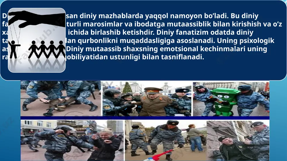 zodlik islomiy partiyasi), “al-jihod”, “at-takfir val-hijra” (takfir va xijrat), “turkiston islom harakati”, “islomiy jihod ittihodi” (islomiy jihod uyushmasi), “katibatul imam al-buxari” (imom buxoriy bataloni), “jamoat ansorulloh” (allohning yordamchilari jamoasi), “jabhatun-nusra” (g’alaba fronti) va “islom davlati” kabi tashkilotlarni sanash mumkin. terrorizmni butun insoniyat uchun xatarli illat ekanligini ko’rsatib unga karshi barcha kuch va imkoniyatlarni birlashtirish lozimligini ko’rsatdi. bmt qoshida xalqaro terrorizmga qarshi kurash markazini tashkil etish va bu markazning vazifasi faqat terrorizmning o’zi bilan emas, balki uni qo’llab- quvvatlayotgan qurol yarog’ va mablag’lar bilan ta’minlayotgan kuchlarga, markazlarga ham qarshi kurashni muvofiqlashtirish zarurligini qayd etdi. e’tiboringiz uchun raxmat! image1.png image2.png image3.png image4.png image5.png image6.png /docprops/thumbnail.jpeg