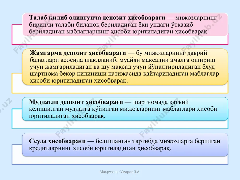номи) а р и з а __________________________________________________________________ (ҳисобварақ эгасининг номи) ____________________________________номига _____________________да (валютанинг номи) ________________________________________________________ҳисобварақ (талаб қилиб олингунча, муддатли, жамғарма депозит ва бошқ,) очишингизни сўрайман. манзил________________________________________________________________________ ____________________________________________________. 20___й. «___» __________________ ____________________________ (тўлдирилган сана) (раҳбарнинг имзоси) ____________________________ (бош бухгалтернинг имзоси) м.ў. __________________________________________________________________ банкнинг белгиси ҳисобварақни очиш ҳужжатларини текширдим: бош бухгалтер_____________ (имзо) _________________да _______________________________________________ (валютанинг номи) (талаб қилиб олингунча, муддатли, жамғарма депозит ва бошқ.) ____________________________________ҳисобварақ очишга рухсат бераман. бошқарувчи _______________ (имзо) ҳисобварақ 20__йил «___» _______________да очилди. ҳисобварақ рақами_________________________________________________. бошқа белгилар ____________________________________________________ __________________________________________________________________ __________________________________________________________________ __________________________________________________________________ __________________________________________________________________ маърузачи: умаров з.а. маърузачи: умаров з.а. олд томони имзолар намуналари қўйилган банк белгиси варақча (тадбиркорлик фаолияти субъектлари учун) ҳисобварақ эгаси __________________________________ имзолар намуналарини қабул қилишга рухсат берилди (тўлиқ номи) _________________________________________________ банкнинг ваколатли ходими___________________ ___________________________________________ манзили: _________________________________________ (имзо) _________________________________