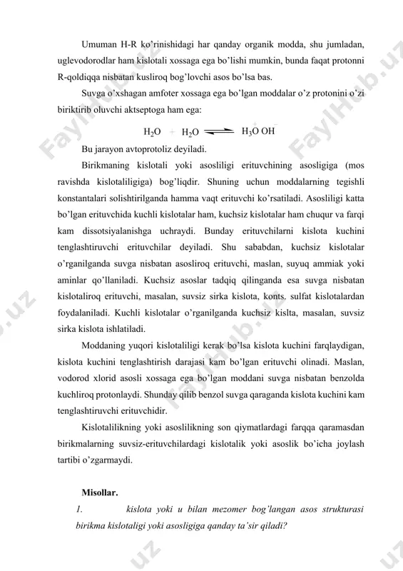 qiladi? echish: kislotalilik yoki asoslilikning louri-brensted ta’rifiga ko’ra, asos qanchalik kuchsiz (ya’ni barqaror) bo’lsa, unga mos keluvchi yoki u bilan mezomer bog’langan kislota shunchalik kuchli bo’ladi va aksincha. asosning barqarorligi manfiy zaryadning mezomer yoki induktsion ta’sir tufayli delokallanishi qanchalik yuqori bo’lsa, shunchalik kata bo’ladi. masalan, sf3-soo- anion asos sifatida ftorning manfiy induktsion ta’siri (-j) tufayli sn3soo- anioniga nisbatan ancha kuchlidir. shu sababli uchftorsirka kislota sirka kislotaga nisbatan ancha kuchlidir. 0. quyidagi birikmalarni ularning kisloaligi ortib boruvchi qatorga joylashtiring: fenol, etilenglikol, glitserin, izopropil spirt, p-nitrofenol, p-metoksibenzoy kislota. yechish. karboksilat r-soo- anionidagi manfiy zaryadning delokallanish darajasi fenolyat anioni aro- yoki alkogolyat anioni ro- dagi manfiy zaryadlarning delokallanish darajasidan yuqori bo’lganiligi uchun, ularga mos keluvchi kislotalilik spirtlarga nisbatan fenollarda, fenollarga nisbatan karbon kislotalarida kuchli bo’ladi, ya’ni kislotalilik spirtlardan fenollarga, fenollardan karbon kislotalariga o’tganda ortib boradi. demak, kislotalilik quyidagi qatorda ortib boradi: cpirt mg2q > naq … kationlar metallmaslarga nicbatan quyidagi qatorda moyillik namoyon …