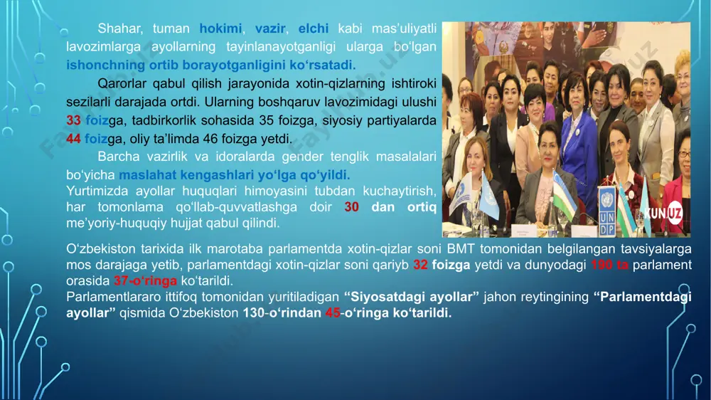 tirish chora-tadbirlari to‘g‘risida”gi prezident farmoni qabul qilindi. farmonda oila va xotin-qizlar bilan ishlash tizimini yangi darajaga olib chiqish, oila institutini mustahkamlash va xotin-qizlarni qo‘llab-quvvatlash bo‘yicha davlat siyosatining asosiy yo‘nalishlari belgilab berildi. farmon bilan mahallalarda xotin-qizlar faoli lavozimi joriy etildi. endilikda 9 ming 309 ta bilimdon, jonkuyar faol ayollar oilaviy munosabatlarni yaxshilash, nizoli vaziyatlar, ajralishlar, erta nikohlarning oldini olish, oilaviy qadriyatlarni mustahkamlash, xotin-qizlarning ma’naviy-axloqiy tarbiyasi bo‘yicha doimiy ish olib boradi. mustahkam oila – jamiyat poydevori birinchi bor oila siyosatini belgilash borasida o‘zbekiston respublikasida oila institutini mustahkamlash konsepsiyasi qabul qilindi. ayollarning nikoh yoshi erkaklar bilan tenglashtirilib, 18 yosh etib belgilandi. umumta’lim maktablarida 27-aprel kuni “oiladagi zo‘ravonlikning oldini olish kuni” deb e’lon qilindi va har yili shu sanada maktablarda oilada zo‘ravonlikning mumkin emasligi, uning salbiy oqibati haqida o‘quvchilarda tushuncha hosil qilish va bunday illatga qarshi turish tuyg‘usini singdirishga qaratilgan tadbirlarni tashkil etish belgilandi. oilalar mustahkamligini ta’minlashga qaratilgan 50 dan ortiq fundamental, amaliy va …