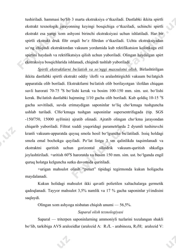 n holigacha maydalanadi. kukun holidagi mahsulot ikki qavatli polietilen xaltachalarga germetik qadoqlanadi. tayyor mahsulot 3,5% namlik va 17 % gacha saponinlar yi\indisini saqlaydi. olingan xom ashyoga nisbatan chiqish unumi — 56,5%. saparal olish texnologiyasi saparal — triterpen saponinlarning ammoniyli tuzlarini tozalangan shakli bo‘lib, tarkibiga avs aralozidlar (aralozid a: r1(l - arabinoza, r2(h; aralozid v: r1(r2(l-arabinoza; aralozid s: r1(d - galaktoza, r2(d - ksiloza) kiradi, u manchjuriya araliyasi ildizidan ajratib olinadi. (araliyadoshlar — araliaceae oilasi) bu uch aralozid bir xil sapogenin - oleakon kislotasini saqlab qand qismi bilan farq qiladi. saparal – sar\ish yoki kulrang sar\ish rangli amorf kukun bo‘lib, gigroskopik, hidsiz. suvda tez eriydi, metil va 95% li etil spirtlarda sekin va kam eriydi, efir, xloroform, atsetonda juda kam eriydi. a,v,s, aralozidlarning ammoniyli tuzlari yi\indisi tarkibi absalyut quruq modda hisobida 80% dan kam bo‘lmasligi kerak. saparal tonusni ko‘taruvchanlik xususiyatiga ko‘ra, nerv markaziga stimullovchi bo‘lib ta’sir ko‘rsatadi. u ozroq gemolitik indeksga …