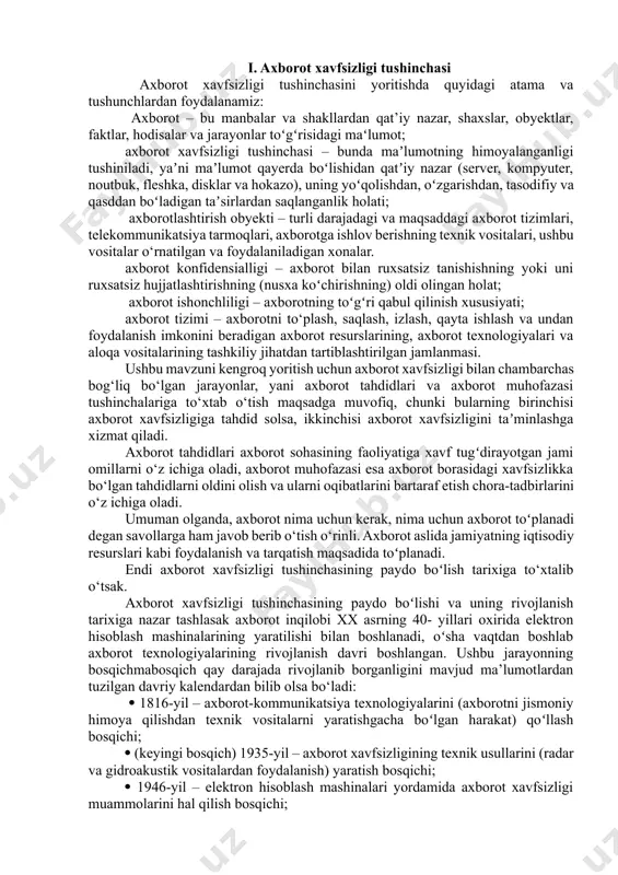 a axborot muhitininig insoniyatga bo‘lgan ta’siri haqida ham so‘z yuritish o‘rinli. zamonaviy axborot texnologiyalari inson ongi va imkoniyatlariga taʼsir koʻrsatdi, uning turmush tarzi va qadriyatlarini o‘zgartirdi, bu esa insoniyatning axborot muhitini sifat jihatdan qayta ko‘rib chishga olib keldi. jamiyatning maʼnaviy-madaniy sohasida axborot texnologiyalaridan noqonuniy maqsadlarda foydalanish xavfi inson ongini manipulyatsiya qilish, shaxsning ruhiy va ijtimoiy moslashuvi xavfini keltirib chiqargan boʻlsa, harbiysiyosiy sohada yangi turdagi axborot qurolini ishlab chiqarish imkoniyatlariga bo‘lgan zaruriyat keskin oshdi, shuning ucun ham, hozirgi zamonaviy urushda, axborot kommunikatsiya texnologiyalari zarba berishning asosiy usullari va vositalari deb qabul qilinmoqda, bunda axborot targʻiboti alohida oʻrin egallayotgani nam hech kimga sir emas. axborot qurolining modifikatsiyasining oʻsishi himoya texnologiyalarining rivojlanishini orqada qoldirdi, natijada ushbu qurolni zararsizlantirish har bir davlatning milliy xavfsizligining ustuvor yoʻnalishiga aylandi, yani oddiy qilib aytganda, axborotni toʻplash, tartibga solish, saqlash va undan foydalanish hamda mavjud malumotlarning xavfsizligini taʼminlash masalasining dolzarbligi yanada oshdi. shunday qilib, axborot muhiti jamiyat faoliyatining …