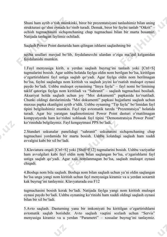 a tanlaymiz yoki bo‘lmasa klaviaturadagi [ctrl+n] tugmalari kombinatsiyasidan foydalanamiz. mavjud faylni ochish oldin saqlangan faylni ochish uchun “fayl” menyusiga kiramiz va u yerdan“ochish” – [ctrl+o] byrug‘ini yoki standart uskunalar panelidagi uskunani sichqonchaning chap tugmachasi bilan bir marta bosamiz. natijada faylni ochish muloqot oynasi paydo bo‘ladi. ushbu oynadan kerakli manzildan (disk yoki papkadan) faylni qidirib topamiz. shuni ham aytib o‘tish mumkinki, biror bir prezentatsiyani tanlashimiz bilan uning strukturasi qo‘shni oynada ko‘rinib turadi. demak, biror bir faylni tanlab “otkrit” – ochish tugmachasini sichqonchaning chap tugmachasi bilan bir marta bosamiz. natijada tanlagan faylimiz ochiladi. saqlash power point dasturida ham qilingan ishlarni saqlashning bir necha usullari mavjud bo‘lib, foydalanuvchi ulardan o‘ziga ma’qul kelganidan foydalanishi mumkin. 1.fayl menyusiga kirib, u yerdan saqlash buyrug‘ini tanlash yoki [ctrl+s] tugmalarini bosish. agar ushbu holatda faylga oldin nom berilgan bo‘lsa, kiritilgan o‘zgartirishlarni fayl ustiga saqlab qo‘yadi. agar faylga oldin nom berilmagan bo‘lsa, faylni saqlashga nom kiritish va saqlash joyini …