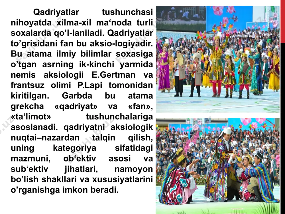 anadi, inqirozga uchrashi bilan qadrsizlanadi. shuning uchun ham, millat - o’zining qadriyatlarini vujudga keltirib, ularning yangi - yangi qirralarini va jihatlarini sayqallashtirib, rataqqiyot jarayonida atkomillashtirib turi-shi ma‘nosida o’z qadriyatlarining haqiqiy egasi, makon va zamondagi ilgarilanma harakatdan iborat o’zgarishlar jarayonida ularni o’tmishdan kelajakka atmon yetkazib boradigan eng asosiy ob‘ektdir» . milliy qadriyatlarning negizini urf - odatlar, rasm -rusumlar, bayramu-sayillar atshkil eatdi. o’zbek milliy qadri-yatlari mazmunida insonparvarlik g’oy-alari yoatdi. uzoq atrix davomida o’zbeklarning o’zaro munosabatlarida, kundalik turmush atrzida o’zaro hamkorlik va hamdardlik, vafodorlik va o’zaro hurmat, biri - biriga suyanish va yaxshi qo’shnichilik, bolajonlik va oat - onaga hurmat, mehr - oqibat va sadoqat har tomonlama e‘zozlanib kelinadi. milliy qadriyatlar o’sha mil-latga mansub har bir kishi tomonidan yaratilgan, insoniylik, odamiylikka xos fazi-latlar, xislatlar, xosiyatlarni milliy - madaniy meros xazinasiga qo’shgan hissasini ifodalovchi buyuk ko’rsatkichdir. milliy qadriyatlarni tiklash - ularga hozirgi zamonga mos yangi mazmun ato etish demakdir. xuddi shuning uchun ham, o’zbekiston …