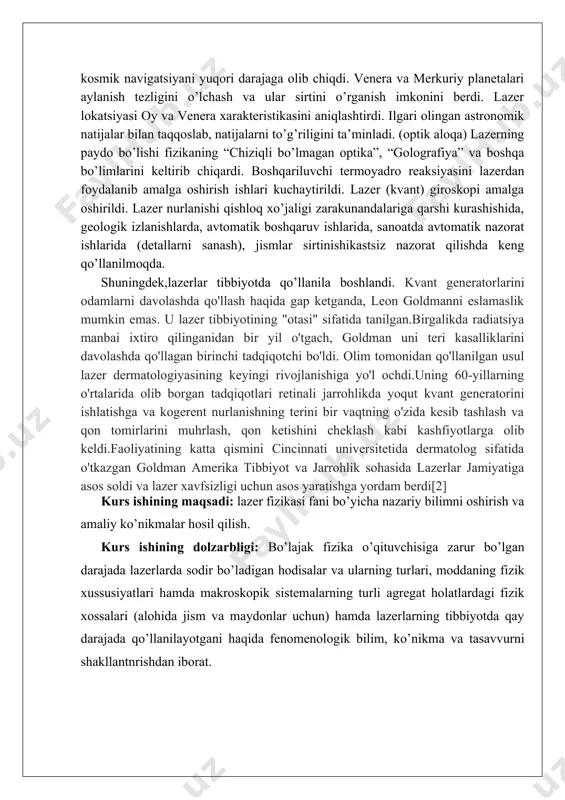 n iborat bo’ladi. yarimo’tkazgichli lazer materiallar birikmali kristallardan iborat bo’ladi. ularda ishchi elementi qalinligi 0,1 mkm bo’lgan p-n o’tish bo’lib, o’lchamlari 1x1x0,2 mm li plastinka ko’rinishda tayyorlanadi (1, 2 – rasm). demak, faol muhitga bog’liq holda lazerlarning qattiq jismli, suyuqlikli (kimyoviy), gazli, yarimo’tkazgichli va bo’yoq moddali turlarga ajratish mumkin. 1-rasm 2-rasm lazerlarning ishlash prinsipida faol moddaning atom tuzili-shi juda muhimdir. muhit atomlarining qo’zg’algan (g’alayonlangan) holatida, metastabil holatida yoki g’alayonlangan holatda “uzoq vaqt turish” hususiyati bo’lishi zarur. atomlar o’z tuzilishiga qarab biror “turtki”siz sekund metastabil holatda bo’ladilar. oddiy muhitdan yorug’lik o’tsa u yutiladi va intensivligi kamayadi. faol muhitda esa yorug’lik tarqalishida u kuchayishi va intensivligini ortishi kuzatiladi. bunday muhitlarfaol yoki zarralarning energetik sathlar bo’yicha inversli (teskari) muhit deyiladi. optik kvant generatori (okg) yoki lazer faol muhit, qo’zg’atuvchi (tebrantiruvchi) qurilma va rezonatordan iborat bo’ladi. faol muhit turiga qarab lazer qurilmalari qattiq jismli, suyuqlikli, gazli, yarimo’tkazgichli va bo‟yoq moddali lazerlar ko‟rinishida bo’ladi. muhitni …