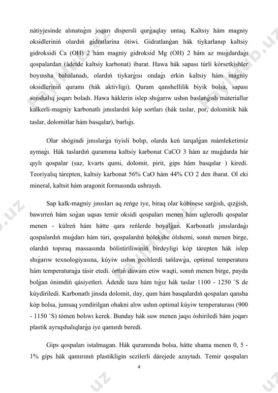 ǵın elementlardı (igdanit, ammonit) yotqizadilar. kánlerde hák taslar payda bolıwınıń geyde kuzatilayotgan heterojenligi (ximiyalıq quramı, bekkemligi, tıǵızlıǵı hám basqalar boyınsha ) paydalı taw jınısların tańlap ózlestiriwdi talap etedi. saylanǵan hák tas qazib alıw ónim ózine túser bahasın asıradı, sol sebepli málim kánlerdi ózlestiriwdiń texnikalıq hám ekonomikalıq maqsetke muwapıqlıǵın anıqlawda puqta geologik qıdırıw zárúr. nátiyjede úlken hám kishi bólekler kórinisindegi hák tas massası transport qurallarına, ádetde bir shelekli ekskavatorga juklenedi. karyer hám zavod arasındaǵı aralıqqa qaray, hák tas zavodqa lentali konveyerlar, samosvallar, temirjol hám suw transportı. joqarı sapalı hákti tek karbonatlı tasdı kishi ólshemdegi ayrıqsha bólekler formasında pısırıw arqalı alıw múmkin. materialdı hár túrlı ólshem degi bóleklerge bolıp kuydirganda, tegis emes yondirilgan hák alınadı (maydalar bólekan yamasa tolıq janıp ketedi, úlken bóleklerdiń yadrosı janbaģan). bunnan tısqarı, túrli ólshemdegi bólekler menen milya pechlerin júklewde sezilerli dárejede oshaqtı toltırıw dárejesi asadı hám nátiyjede páseyedi materialdıń gaz ótkezgishligi, bul bolsa órttı qıyınlastıradı. sol sebepli, …