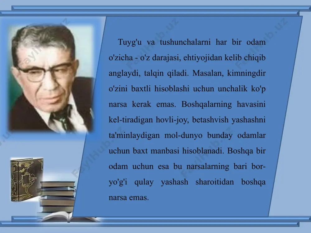 o'lsa, uy bir yon, zindon bir yon, ikki jon bir bo'lmasa, sham bir yon, shamdon bir yon, ayri bo'lsa yo'llari, tug' bir yon, qalqon bir yon. bu olamda oy tanho, muborak quyosh tanho, bo'y qizlarning ichinda bir shu egma qosh tanho. uningdek hech kim menga bo'lmasa sirdosh tanho, go'ro'g'li sulton bir yon, to'ra sulaymon bir yon. savol va topshiriqlar «chaman ichinda bir gul» — «kim»mi yoki «nima»mi? «o’sgan bog'iga olqov, o'stirgan bog'boniga, xavf-u xatardan saqlab kelgan soyaboniga» misralarida kimlar yoki nimalar to'g'risida gap ketyapti? she'rning uchinchi bandi mazmunini izohlashga harakat qiling. «ikki jon bir bo'lmasa», «ayri bo'lsa yo'llari» — bunday oilani nimalar kutadi? mazkur she'r asosida yaratilgan qo'shiqni sinfdoshlaringiz bilan birga eshiting. she'rning qo'shiqqa aylanishida «topgan-lari» va «yo'qotganlari» xususida fikr almashing. image1.jpg image3.png image2.jpg image4.jpeg image5.jpeg image6.png image7.jpeg image8.png