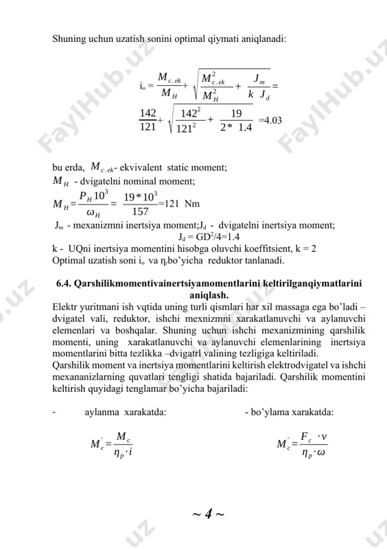 g’atishli o’zgarmas tok dvigatelni mexanik xarakteristikasi to’g’ri chiziqdan iborat bo’ladi,shuning uchun uni 2ta nuqta bo’yicha qurish mumkin: 1) ω = ωo ; m = 0. 2) ω = ωh ; m = mh. demak dvigatelni mexanik xarakteristikasini qurish uchun shu ikkita nuqtani koordinatlarini hisoblash etarli bo’ladi. 6.5.1. o’zgarmas tor dvigatelini tabiiy va sun’iy mexanik xarakteristikalarini hisoblash va grafigini qurish tartibi. dvigatelning nominal fik aniqlanadi: ηh =ph103 / uhih=19*103 / 103*220=0.84 dvigatel yakorining qarshiligi topiladi: rя = 0,5 (1 - ηh) (uh/ih) = 0,5 (1 – 0.84) (220/103)=0.17 [ om ] salt ishlash burchak tezligi hisoblanadi: ω0 = ωhu / (u-ihrя) = 157*220 / (220-103*0.17) =170 [ rad/sek ] bu yerda: ωh = nh / 9,55 = 1500 / 9,55=157 [ rad/sek ] salt ishlash aylanish tezligi aniqlanadi: n0 = n0 *9,55 =9,55 * 170=1629 [ rad/sek ] nominal moment hisoblanadi: mh = =121 nm dvigatelning tabiiy mexanik xarakteristikasi 2ta nuqta …
