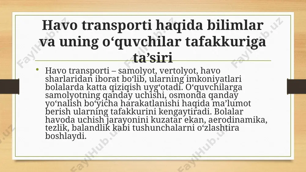bilish jarayonining rivojlanishi sohasi asosida havo, suv va yer usti taransporti - Page 5