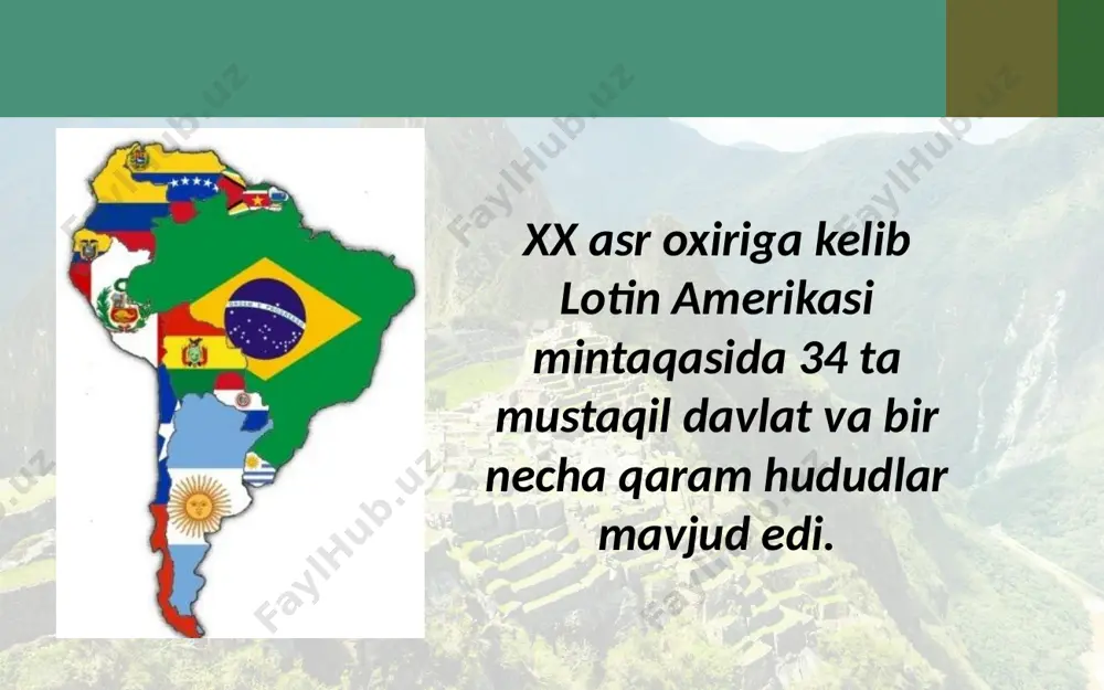 o‘nalishi mintaqaviy erkin savdo zonalarini tuzish bo‘ldi. 2008-yildan mintaqadagi eng yirik uchta davlat – braziliya, meksika va argentina g-20 («katta yigirmalik») obro‘li klubiga a’zo bo‘lsa-da, jahon siyosatida hali katta rol o‘ynamaydi. meksikada 1994 – 2010-yillari meksikaga kiritilgan chet el investitsiyalari miqdori to‘rt marta o‘sdi. shuning 75 % i aqsh ulushiga to‘g‘ri keladi. braziliya bugun dunyoning yirik iqtisodiyotlaridan biri, jadal rivojlanayotgan xitoy, hindiston, janubiy afrika respublikasi va rossiya bilan birgalikda briks tashkilotining a’zosi hisoblanadi. briks tashkiloti a’zolari savol va topshiriqlar 1. rivojlanishning neoliberal yo‘li lotin amerikasi mamlakatlari uchun qanday ahamiyat kasb etdi va qanday muammolarni keltirib chiqardi? 2. xx asr oxiriga kelib lotin amerikasi mamlakatlarining aqsh bilan munosabatlarida qanday modellar shakllandi? 3. xx asr oxiridan boshlab lotin amerikasi mamlakatlarida an’anaviy siyosiy partiyalarga aholi ishonchining so‘nib borishiga qanday jarayonlar sabab bo‘ldi? 4. lotin amerikasining yirik davlatlari xxi asrda qanday maqsadlarni oldiga qo‘yib rivojlanmoqda? image2.jpg image3.jpeg image4.jpeg image5.jpeg image6.jpeg image7.jpeg image8.jpeg image9.jpeg image10.jpeg …