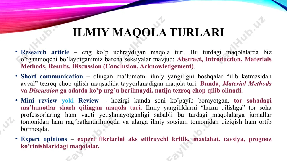 otlarni annotatsiyada keltirilmaydi. kalit so'zlar (keywords) kalit so'zlar maqolani bazalarda qidirish uchun kerak. mazmuni va ma'nosi nuqtai nazaridan, kalit so'zlar annotatsiya va maqolaning mazmuniga yaqin bo'lishi lozim. kalit so'zlar sintaktik tuzilishga ega emas, va odatda ular bosh kelishikda beriladi. kalit so'zlar asosiy natijalar, qiziqishning asosiy jihatlarini aks ettirishi kerak. kalit so'zlar soni odatda 10 dona atrofida bo'lishi tavsiya etiladi va odatda jurnal talablari tomonidan belgilanadi. kirish (introduction) maqola asosiy qismi: kirish bo'limi maqolaning kirish bo'limida maqolada keltirilgan tadqiqot natijalarini tushunishga va baholashga imkon beradigan, boshqa manbalarga murojaat qilinmaydigan ma'lumotlarni o'z ichiga olinishi kerak. bundan tashqari, kirish bo'limida tadqiqotning zarurligi va dolzarbligi uchun asoslar keltirilishi kerak. odatda, kirish bo'limi to'rt qismga bo'linadi: 1) ilmiy kontekstni yaratish (establishing a context) 2) tadqiqot bilan bog'liq adabiyotlarni o'rganish ( reviewing the literature) 3) adabiyotlarni o'rganish natijasida aniqlangan muammolar, o'rganilmagan muammolar va o'rganilmagan bo'shliqlar tavsifi (establishing a research gap) 4) aniqlangan muammolar va bo'shliqlar asosida …