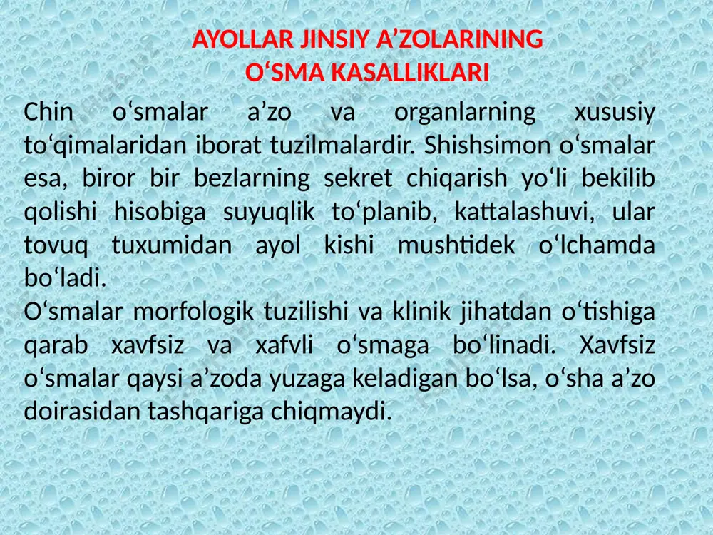 , 40 yoshdan katta bemorlarning esa 40% da uchraydi. ayollar organizmida bachadon miomasining kelib chiqishi, asosan, gormonal o‘zgarishlar tufayli, ya’ni giðotalamusgiðofiz- buyrakusti bezi, tuxumdonlar orasidagi munosabatning biron-bir qismining shikastlanishi hamda bachadondagi o‘zgarishlar natijasida, xususan, miometriyning giðerplaziyasi tufayli vujudga kelishi mumkin. k l i n i k a s i. ayrim hollarda bachadon miomasi hech qanday belgilarsiz kechadi, ayollarda shikoyatlar bo‘lmaydi, ammo profilaktika maqsadida ayol tekshirilganda aniqlanadi. 60–80% hollarda asosiy belgilardan biri bemorda qon ketishi hisoblanadi. qon ketishi alomatlari turli bemorlarda turlicha kechadi. ba’zilarida hayz sikli uzayishi yoki hayz vaqtida qon miqdorining biroz ko‘payishi – menorragiya kuzatilsa, ba’zilarda tartibsiz, juda ko‘p to‘xtovsiz qon ketib, og‘ir turdagi kamqonlik kasalligiga sabab bo‘lishi mumkin. hayz 10–12 kungacha davom etib, juda ko‘p miqdorda qon ketadi, bunga giðerpolimenoreya deyiladi. miomalarda ko‘p uchraydigan belgilardan yana biri og‘riqdir. og‘riq xuddi dard tutganga, sanchiqqa o‘xshash bo‘lib, ayniqsa hayz ko‘rishdan oldin va hayz ko‘rish vaqtida kuchayadi, pastga tortganga o‘xshab zo‘rayishi …