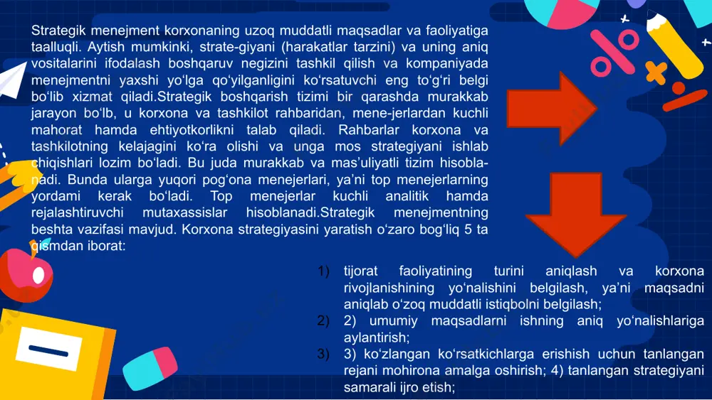 ing innovatsion dasturi bilan birlashgan korxona va subyektlarning barqaror hudud-tarmoq sherikchiligi asosida klaster yondashuvdan samarali foydalanish imkonini beradi.korxonalarning faoliyat ko‘rsatish tendensiyalari va qonuniyatlarini tahlil qilish hamda strategik boshqaruv tamoyillari asosida uning raqobatbardoshligini oshirish zarurligi baholanadi. barqarorlik – korxona faoliyatining natijadorligidan, raqobatbardosh salohiyatini amalga oshirishdan, raqobatbardoshlik esa – korxonaning ishlab chiqarish quvvatlaridan samarali foydalanish hamda raqobatbardosh mahsulotni sotishdagi imkoniyatini belgi-lashdan iborat bo‘lganligi uchun, bu tushunchalarning birga qo‘shilishini hisobga olish, korxonaga o‘z raqobat-bardoshligini oshirishning optimal strategiyasini shakllantirish imkonini beradi. korxonalarning faoliyat ko‘rsatish tendensiyalari va qonuniyatlarini tahlil qilish hamda strategik boshqaruv tamoyillari asosida uning raqobatbardoshligini oshirish zarurligi baholanadi. barqarorlik – korxona faoliyatining natijadorligidan, raqobatbardosh salohiyatini amalga oshirishdan, raqobatbardoshlik esa – korxonaning ishlab chiqarish quvvatlaridan samarali foydalanish hamda raqobatbardosh mahsulotni sotishdagi imkoniyatini belgi-lashdan iborat bo‘lganligi uchun, bu tushunchalarning birga qo‘shilishini hisobga olish, korxonaga o‘z raqobat-bardoshligini oshirishning optimal strategiyasini shakllantirish imkonini beradi. foydalanilgan adabiyotlar ro‘yxati: fred r. david. strategic management: a competitive advantage approach, concepts …