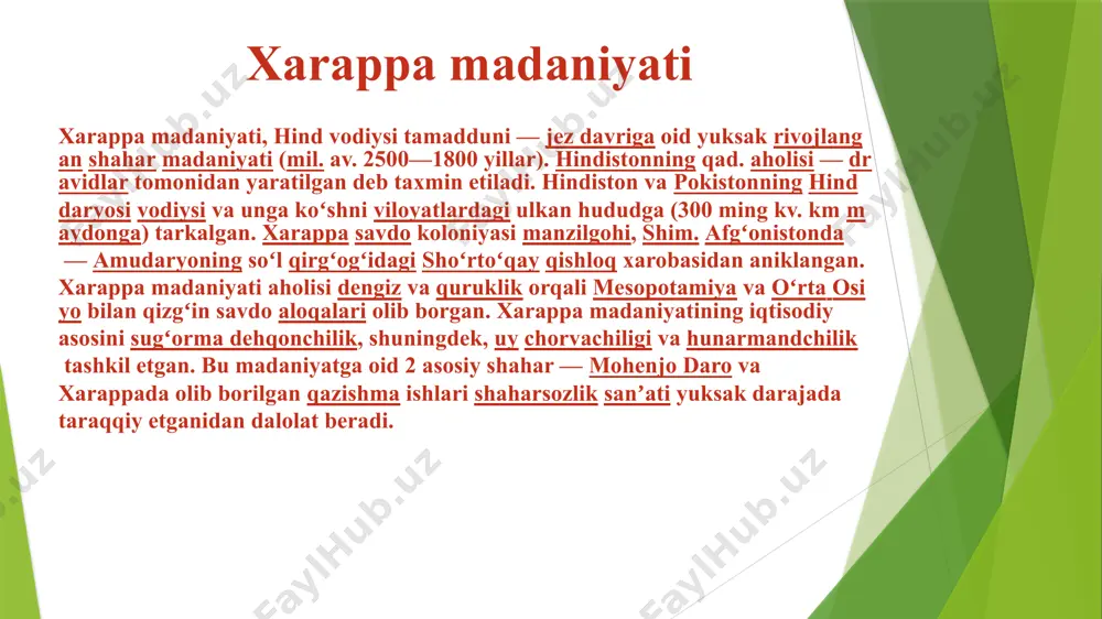 langan. xarappa madaniyatining halokatga uchrashi (hasidoriylar istilosi, ekologik sharoitning oʻzgarishi, bezgak epidemiyasi) sabablari nomaʼlum. mohenjo-daro tsivilizatsiyasi mohenjo-daro obodlik davrida uning atrofida serhosil erlar cho'zilgan va chuqur daryolar transport kanallari bo'lib xizmat qilgan. aholisi dehqonchilik bilan shug'ullangan va bug'doy, arpa, kunjut urug'lari, xurmo va paxtani etishtirgan. boy hosil va qulay aloqa yo'llari shahar aholisiga o'z mahsulotlarini o'rta osiyo, afg'oniston, fors va janubiy hindiston xomashyosi, metall, qimmatbaho toshlar va ziravorlarga almashtirish imkonini berdi. mohenjo-daro xarobalari orasida ko'plab erkak va ayol terakota figuralari va turli xil hayvonlarning miniatyuralari, shuningdek piktografik yozuvlari bo'lgan gil muhrlar topilgan.hind vodiysi shaharlari g'ishtdan qurilgan - shumerlar ishlatadigan xom g'isht emas, balki pishgan g'isht. bu haqiqat, shuningdek, shaharlarni suv toshqinlaridan himoya qiladigan ulkan to'g'onlarning qoldiqlari va kanalizatsiya tarmog'ining zich tarmog'i besh ming yil avval hind vodiysida kuchli yomg'irlar tez-tez sodir bo'lganligini va shu sababli suvning ko'pligi shahar binolariga tahdid solganligini aniq ko'rsatib berdi o'tkazilgan tadqiqotlardan bir narsa aniq edi: …