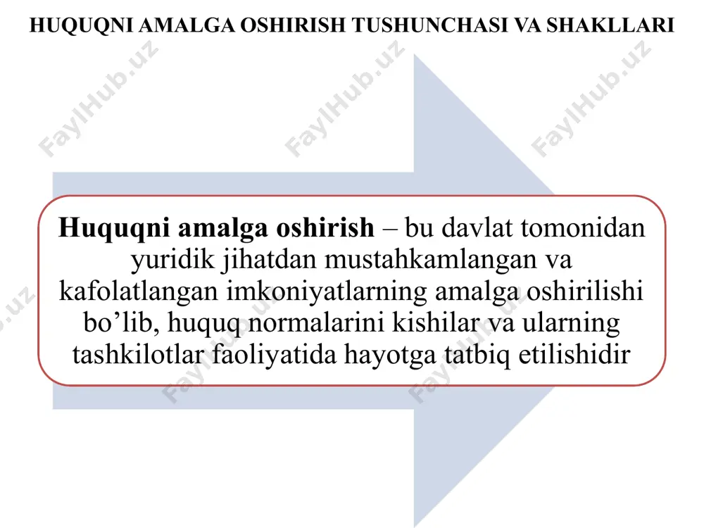 sh hujjatlari tushunchasi, xususiyati va turlari huquqni qo’llash aktlarining xususiyatlari: vakolatli organlar va mansabdor shaxslar tomonidan chiqarilishi aktlar qat’iy individuallashganligi, ularning muayyan shaxs va vaziyatlarga nisbatan qaratilganligi davlat tomonidan ta’minlanishi huquqni qo’llash aktlarining bir marotaba qo’llanilishi va shu bilan o’z vazifasini tamomlashi, ya’ni uning o’z kuchini yo’qotishi huquqni qo’llash hujjatlari tushunchasi, xususiyati va turlari huquqni qo’llash aktlarining turlari: parlament aktlari davlat boshlig’i aktlari ijro hokimiyati organlarining aktlari sud hokimiyati organlarining aktlari mahalliy vakillik hokimiyat organlarining aktlari korxona, tashkilot, muassasa rahbarlarining aktlari huquqni qo’llash hujjatlari tushunchasi, xususiyati va turlari huquqni qo’llash aktlari quyidagi tamoyillar talablariga javob berishi lozim: asoslantirilganlik qonuniylik maqsadga muvofiqlik huquqdagi bo’shliqlar va ularni bartaraf qilish yo’llari huquqdagi bo’shliq – bu huquqiy doiradagi ijtimoiy munosabatlarning amaldagi qonunchilikda huquq normalari bilan qisman yoki to’liq tartibga solinmaganligi huquqdagi bo’shliqni to’ldirish usullari: yangi normativ-huquqiy hujjatlarni yaratish; huquq yoki qonun analogiyasini qo’llash huquq analogiyasi va qonun analogiyasi huquq analogiyasi – bu muayyan yuridik …