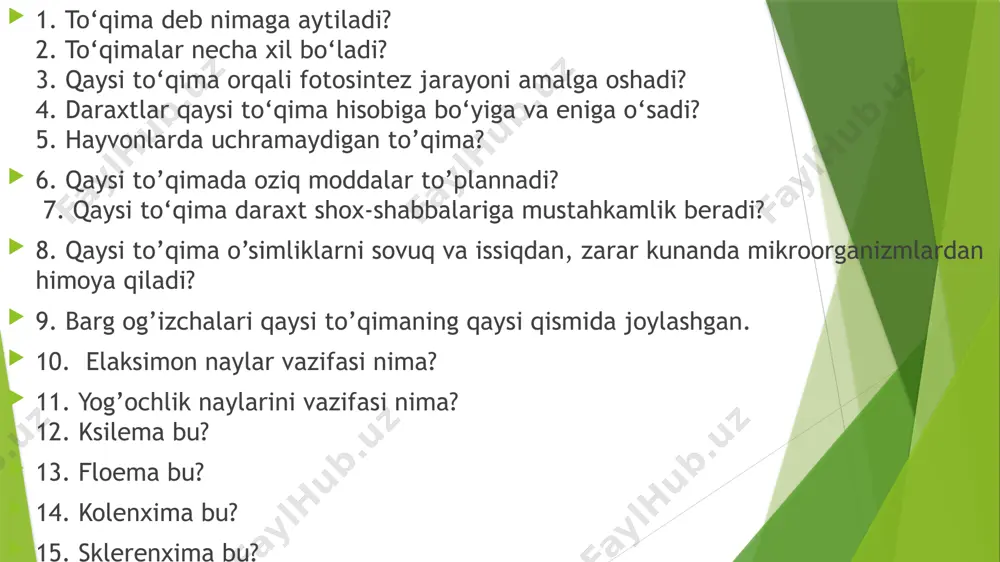 n iborat. o’simlikning barcha organlarida uchraydi (endespermda, lupda, yog’ochlikda, bargda, ildizpoyada, ildizmevalarda, tugunaklarda, urug’da). suv saqlovchi hujayralar barg va novdada bo’ladi. vazifasi zahira modda saqlash. uglevod, oqsil, yog’, vitamin, korbon suvlar, kraxmal saqlaydi. cho’l o’simliklari sarsazan, baliqko’z, qizil sho’ra, buzoqboshda hujayralarida suv saqlanadi.. suvda va botqoqlikda o’suvchi o’simliklarda havo saqlaydi xlorenxima yunoncha xloros – yashil, enxima – to‘ldirilgan degan ma’noni bildiradi. qoplovchi to’qima qoplovchi to‘qima organlarni qurib qolishdan va tashqi muhitning noqulay sharoitlaridan (issiq va sovuqdan), mexanik shikastlanishlardan, kasallik tarqatuvchi mikroorganizmlardan, bargdagi qoplovchi to’qima esa gaz almashinuvid, suv bug’latishda ishtirok etadi. himoya qiladi. barg va yosh novdalarni qoplaydi. hujayralari tirik. bir qavat zich. shaffof. kitikula va mum bilan qoplangan. barg va yashil novdalarda og’izchalari mavjud. gaz almashinuvida ishtirok etadi. kasal hujayrani sog’lomiga o’tkazmaydi poya va ildizlarda uchraydi po’kak va boshqa hujayralar bor. po’kak – hujayralari o’lik suberin shimilgan. vazifasi – o’simlikni issiqdan, sovuqdan va kasallik tarqatuvchi mikroorganizmlardan saqlash. hujayralari orasida …