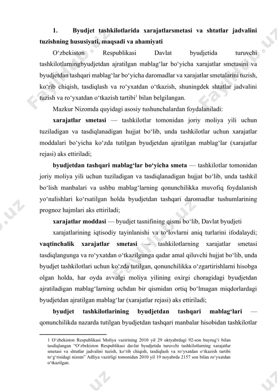 i daromadlar tushumlarining prognoz hajmlari aks ettiriladi; xarajatlar moddasi — byudjet tasnifining qismi bo‘lib, davlat byudjeti xarajatlarining iqtisodiy tayinlanishi va to‘lovlarni aniq turlarini ifodalaydi; vaqtinchalik xarajatlar smetasi — tashkilotlarning xarajatlar smetasi tasdiqlangunga va ro‘yxatdan o‘tkazilgunga qadar amal qiluvchi hujjat bo‘lib, unda byudjet tashkilotlari uchun ko‘zda tutilgan, qonunchilikka o‘zgartirishlarni hisobga olgan holda, har oyda avvalgi moliya yilining oxirgi choragidagi byudjetdan ajratiladigan mablag‘larning uchdan bir qismidan ortiq bo‘lmagan miqdorlardagi byudjetdan ajratilgan mablag‘lar (xarajatlar rejasi) aks ettiriladi; byudjet tashkilotlarining byudjetdan tashqari mablag‘lari — qonunchilikda nazarda tutilgan byudjetdan tashqari manbalar hisobidan tashkilotlar ixtiyoriga kelib tushadigan mablag‘lar.shtatlar jadvalini tasdiqlangan tashkiliy tuzilma, shtat birliklari, namunaviy shtatlar va byudjetdan moliyalashtirish me’yorlariga muvofiq ishlab chiqadilar va tasdiqlaydilar. byudjet ijrosi jarayonida yuzaga keladigan barcha qo‘shimcha xarajatlarga tashkilotlarning xarajatlar smetalariga qonunchilikda belgilangan tartibda tegishli o‘zgartirishlar kiritib boriladi bir vaktning o‘zida o‘zlariga karashli tashkilotlarga ijtimoiy rivojlanishning iktisodiy ko‘rsatkichlari asosida (sinflar, o‘kuvchilar, bolalar, shifoxonalarda joy - kunlar, bola-kunlar soni va x.k.) kelgusi …