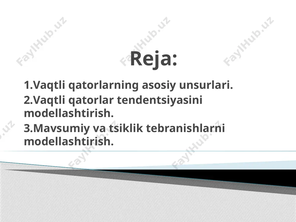 ziqli bo’lmagan tendentsiya qanchalik kuchli bo’lsa, olingan koeffitsientlar shunchalik yuqori darajada farqlanadi. vaqtli qatorning additiv va multiplikativ modeli. mavsumiy yoki tsiklik tebranishga ega bo’lgan vaqtli qatorlar strukturasini tahlil qilishga bir qancha yondoshuvlar mavjud. eng sodda yondoshuv – bu mavsumiy komponentalar qiymatini sirg’anchiq o’rtacha usuli bilan hisoblash va vaqtli qatorning additiv yoki multiplikativ modelini tuzishdan iborat. 3.mavsumiy va tsiklik tebranishlarni modellashtirish. bu modelda davriy qatorning har bir darajasi trend(t), mavsumiy(s) va tasodifiy(e) komponentalar yig’indisidan tashkil topadi deb qaraladi. additiv model quyidagi umumiy ko’rinishga ega: y= t+s+e bu model vaqtli qatorning har bir darajasi trend(t), masumiy(s) va tasodifiy(e) komponentalar ko’paytmasidan iborat deb qaraladi. multiplikativ model quyidagi umumiy ko’rinishga ega: y=t*s*e ikkala modeldan birini tanlash masumiy tebranishning strukturasini tahlil qilish asosida amalga oshiriladi. agar tebranish amplitudasi taxminan o’zgarmas bo’lsa, turli tsikllar uchun masumiy komponentalar qiymatlari o’zgarmas bo’lgan vaqtli qatorning additiv modeli tuziladi. agar masumiy tebranish amplitudasi o’sib yoki kamayib borsa, davriy qatorning darajasi …
