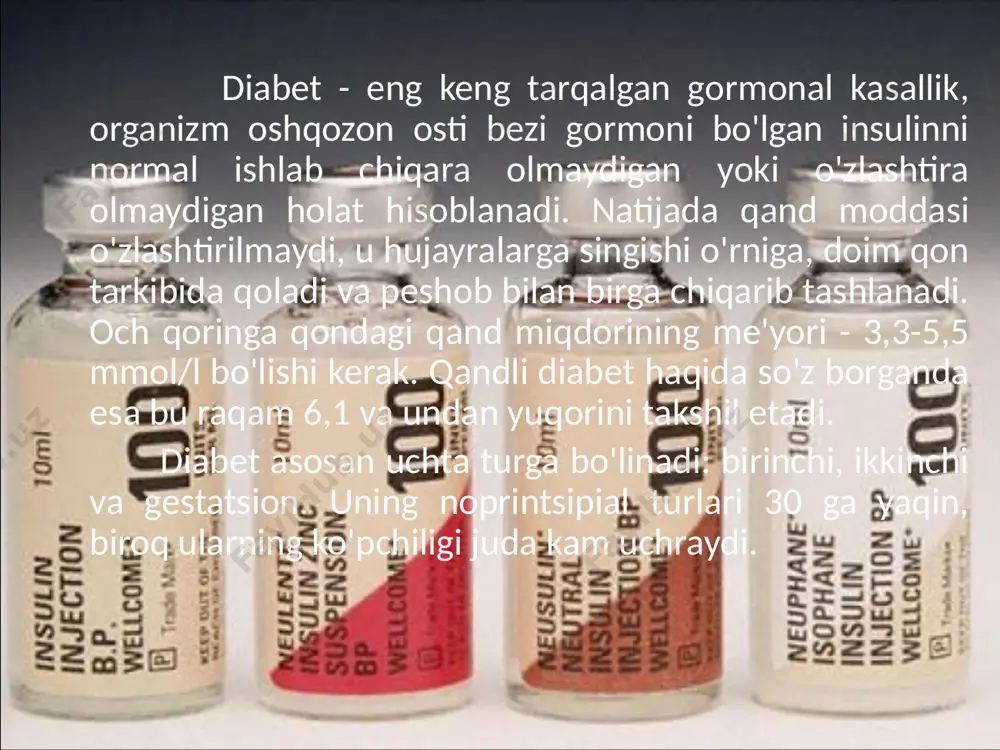 farqni bilib olaylik. 1-turdagi va 2-turdagi diabet - mutlaqo turli kasalliklardir. ularni bir atama bilan nomlashlariga sabab shuki, oldinlari ularni ajrata olishmagan, ularning belgilari esa o'xshash bo'lgan. bu sizni qo'rqitadi. 2-turdagi diabet bilan tanish bo'lgan qarindoshlaringiz yoki tanishlaringiz bor bo'lsa ajabmas. ularga qarab turib, ularning diabetdan aziyat chekayotganiga ishonish qiyin. ammo bu yomon - biz shunchaki diabetning real oqibatlarini sezmaymiz! hatto bemorlarning o'zi ham paydo bo'lgan asoratlarda yoshlarini, qandaydir kasalliklarini yoki o'sha ortiqcha vaznni ayblaydilar. holbuki aynan mana shu diabet - har qanday kasallikning kechishini yomonlashtiruvchi jiddiy omildir. 6 xavfni baholaymiz "ha" javobi qancha ko'p bo'lsa, 2-turdagi diabet ehtimoli shuncha ko'p. uch va undan ko'p "ha" degan javob - shifokorga borish uchun bahona bo'la oladi. 1. ortiqcha vazningiz bormi? 2. yaqin qarindoshlaringizning (aka-uka, opa-singil, ota-ona) birida 2-turdagi diabet yoki diabet oldidagi holat bormi? 3. sizda gestatsion diabet bo'lganmi yoki chaqalog'ingiz tug'ilganida 4 kg dan ortiq vaznga ega bo'lganmi? 4. qon …