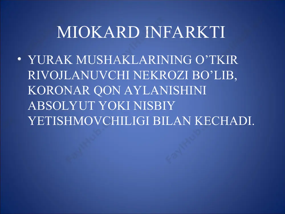 t – tishining alohida o’zgarishlari bilan o’tadigan miokard infarkti (mayda o’choqli) st – segmentining ko’tarilishi bilan o’tadigan miokard infarkti (intramural) – yaxshi kechishga ega, lekin retsidivlanish ehtimoli yuqori, tromboliik terapiya ko’rsatilgan st – segmentining depressiyasi bilan bo’ladigan miokard infarkti (subendokardial) – og’ir kechishga ega, oqibati yaxshi bo’lmaydi miokard infarktining klinik shakllari anginoz shakli miokard infarktining atipik shakllari: *gastralgik shakli (2-3%) *astmatik shakli (5-10%) *serebral shakli (3-5%) *og’riqsiz shakli (aritmik) *shishli shakli klinikasi shikoyatlari: og’riq ko’p terlash hansirash keskin quvvatsizlik gohida betoqatlik ob’ektiv ko’ruv rangparlik sovuq ter bosish gohida betoqat, bir joyda turolmaslik puls infarkt joylashishiga qarab sekin yoki tez/ aqb - past tushishga moyillik auskultatsiya i va ii ton bug’iqlashgan, 20% bemorlarda iii ton aniklanisi – “ot dupuri” ritmi yurak cho’qqisida sistolik shovqin 10% bemorlarda perikard ishqolanish shovqini gohida o’pkaning pastki qismlarida nam xirillashlar miokard infarktini tekshirish usullari ekg (85% to’liq ma'lumot beradi) exokg angiografiya (miokardni qon bilan ta'minlash darajasini …