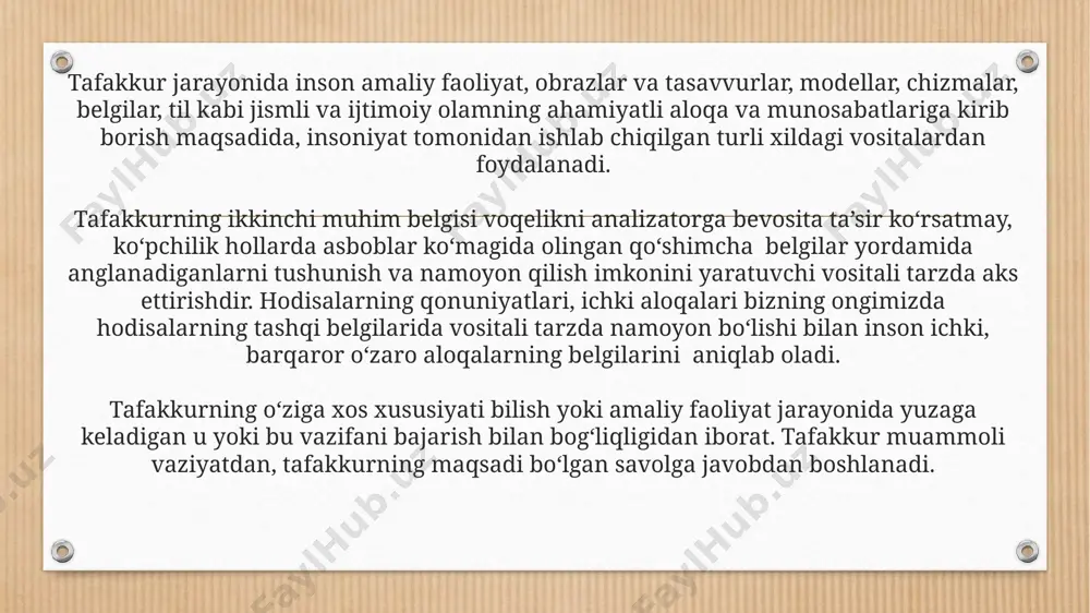 i. bunday tushunchalarga shahar, g‘oya, jamiyat va boshqalar kiradi. agar jismdagi biror-bir alohida belgi ajratilib, va bu belgi o‘rganish predmeti bo‘lib xizmat qilsa, alohida jism sifatida o‘rganilsa, mavhum tushuncha hosil bo‘ladi. bunday tushunchalarga fidokorlik, tenglik, vijdoniylik va boshqalar kiradi. tushunchalar ayrim va umumiy bo‘lishi mumkin. ayrim belgilar deb, jismning qaysi sinfga tegishliligidan qat’iy nazar, yagona jismga taalluqli bo‘lgan tushunchaga aytiladi. ayrim tushunchalarga moskva, toshkent, baykal ko‘li va boshqalar kiradi. umumiy tushuncha deb, bir jismga emas, balki, jismlar sinfiga, bu sinfdagilarning istalgan jismiga tegishli bo‘lgan tushunchaga aytiladi. masalan, samolyot, davlat, korxona, institut va h.k. tushunchalarning tasavvurdan farq qiluvchi o‘ziga xos xususiyatlariga, tasavvurlarning doimiy obrazga ega ekanligi, tushuncha esa – bu so‘zda o‘z ifodasini topgan fikr ekanligidan iboratligi kiradi; tasavvur ahamiyatli va ahamiyatga ega bo‘lmagan belgilarni o‘z ichiga oladi, tushunchalarda esa faqatgina ahamiyatli belgilar saqlanib qoladi. tushuncha tasavvurdan ko‘ra ko‘proq umumlashtirilgan aks ettirish hisoblanadi. hukm – jismlar va hodisalar o‘rtasidagi aloqani aks …