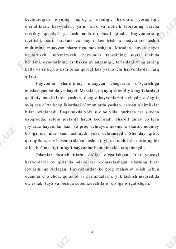 uchun ham ovlanadi. qushlarning pati, sutemizuvchilarning suyagi va shoxi yengil sanoat uchun xomashyo hisoblanadi. yowoyi qushlar zararkunanda hasharotlar, sichqonlar va kalamushlarni qirib insonga foyda keltiradi. asalarilar qimmatli asal berishi bilan birga ekinlarni changlantirib, hosildorlikni oshiradi. yirtqich va parazit hasharotlar qishloq xo`jaligi zararkunandalarini qirib, ularning sonini cheklab turishga yordam beradi. hayvonlar orasida inson salomatligiga, chorva mollari va ekinlarga zarar yetkazadigan turlari ham ko`p uchraydi. ular ekinlarni yeb, hosildorlikni kamaytiradi; oziq-ovqat mahsulotlari, jun, teri, yog`och hamda ulardan tayyorlangan mahsulotlar, kiyim-kechak va buyumlarai buzib katta ziyon yetkazadi. bir qancha hayvonlar odam, chorva mollari va uy hayvonlari organizmida parazitlik qilib, turli kasalliklarni keltirib chiqaradi. qon so`ruvchi hasharotlar va kanalar odam va hayvonlarga tinchlik bermaydi. burga, bit va chivin kabi hasharotlar o`lat, terlama va bezgak kabi kasalliklarni odamlar o`rtasida tarqatadi. parazit hayvonlar odamlarga qadimdan ma`lum bo`lgan. atoqli vatandoshimiz abu ali ibn sino (980—1037) o`zining ,,tib qonunlari" asarida kasallik paydo qiladigan hayvonlardan saqlanish to`g`risida yozib qoldirgan. …