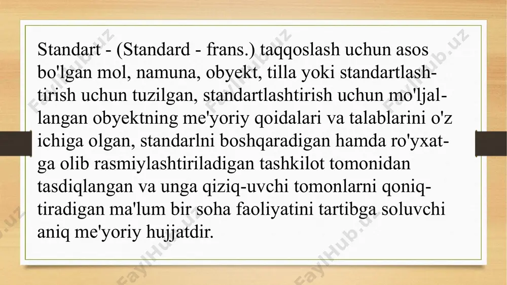 odif-larni etiborga olgan holda xalq xojaligi obyektlari-ning xavfsizligini ta'minlash. davlat standartlashtirish tizimining asosiy maqsadiga guyigagilar kiradi: 1. mahsulot sifatini, ish madaniyati sifatini yaxshi-lash va ularni yetarli darajada saqlash. 2. mahsulot ishlab chiqarish, loyihalash ishlarini maxsuslashtirish, mehnat sarfini, metall sig'imdorligini kamaytirish va boshqa ko'rsatkichlarni yaxshilash. 3. ishlab chiqariladigan mahsulotlar evaziga vatan mudofaasi bilan bog'liq masalalarni ta'minlash. 4. j ahon bozori talablariga javob beradigan yuqori sifatli mahsulotlarni eksport qilishni rivojlantirishni ta'minlash. 5. ishlab chiqarish fondidan unumli foydalanish, tejamkorlik tamoyillari. 6. xalqaro iqtisodiy va texnikaviy hamkorlikni rivojlantirish. 7. mehnat xavfsizligini, xalq salomatligini ta'minlashda ishtirok etish, tabiiy boyliklaridan unumli foydalanish muammolarini belgilaydi. dst standartlarini ishlab chiqarish 6 ta davrni o'z ichiga oladi: 1) texnik vazifasini tasdiqlab, standartni ishlab chiqishni tashkil etish; 2) bo'lajak standartning loyihasi (birinchi tahriri) tuzilib, muhokama uchun tegishli korxona-muassasalarga (shu jumladan o'zbekiston respublikasi atrof-muhitni muhofaza qilish qo'mitasi, sog'liqni saqlash vazirligi va qurilish vazirligiga) yuboriladi; 3) barcha fikr-mulohazalar, to'planib standartning aniqlangan oxirgi …