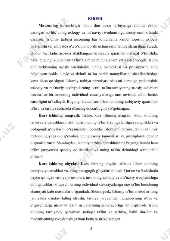 son fitratiga ko‘ra pok holda yaratiladi va unga berilgan qobiliyatlar to‘g‘ri yo‘naltirilsa, u yuksak axloq sohibi bo‘lishi mumkin. tarbiyaning asosiy g‘oyaviy poydevori qur’ondagi ta’limotlar va payg‘ambar muhammadning o‘gitlariga asoslanadi. qur’onda inson ilm olishga, odobli va insofli bo‘lishga undalgan. tarbiya jarayonida mehr-oqibat, sabr, halollik va adolat kabi fazilatlar alohida o‘rin tutadi. payg‘ambar muhammadning hayoti esa tarbiyaning amaliy namunasi sifatida qaraladi, chunki u insonlarga nafaqat bilim o‘rgatgan, balki o‘z xulqi bilan ularga namuna bo‘lgan. islom falsafasida tarbiya nafaqat bolalik davrida balki inson umrining har bir bosqichida davom etuvchi jarayon sifatida qaraladi. shaxs kamoloti nafaqat oilada, balki jamiyatda, maktabda va diniy muassasalarda ham shakllanadi. oilaning tarbiyadagi roli nihoyatda muhim bo‘lib, ota-onalar farzandlariga faqat moddiy ta’minot bilan emas, balki axloqiy va ma’naviy yetuklik bilan ham g‘amxo‘rlik qilishi lozim. tarbiyaning asosiy maqsadi insonni mukammal axloq sohibi qilishdir. islomda bu mukammallik qur’ondagi "insonlarning eng yaxshisi boshqalarga foydali bo‘lgandir" degan tamoyil asosida belgilanadi. demak, haqiqiy tarbiya insonni …