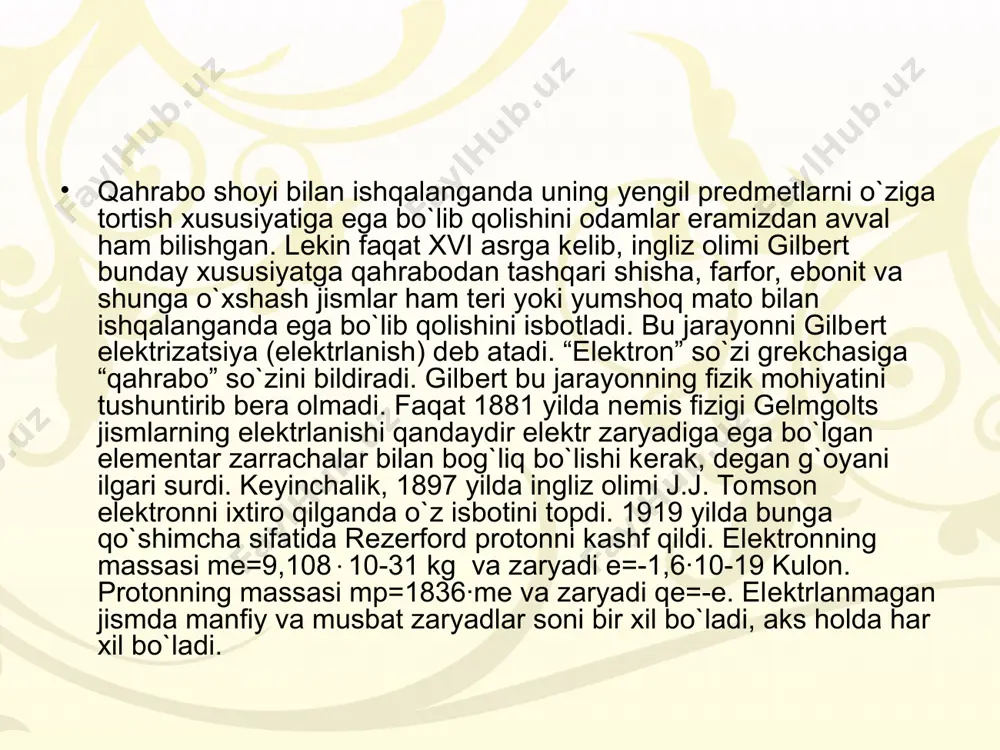 chiziqlari ko`rsatilgan: q zaryadning r masofadagi nuqtada hosil qiladigan maydon kuchlanganligi quyidagi formula orqali topiladi: 3-rasm s yuzani kesib o`tayotgan maydon kuch chiziqlarining soni shu yuzadan o`tayotgan maydon kuchlanganligi oqimi n deb ataladi. agar s yuza kuch chiziqlariga perpendikulyar bo`lsa va uning har bir nuqtasida e bir xil bo`lsa, u holda n=es deb olinadi. misollar: 1. demak, katta masofada dipolning maydon kuchlanganligi masofaning kubiga teskari proportsional ekan. va 2 2 1 r q q k f = 0 4 1 pe = k 0 e [ ] metr farada a s kg m m h kl 12 2 4 1 3 2 2 12 0 10 85 , 8 10 85 . 8 - - - - × = × × × = × × = e [ ] [ ] [ ] [ ] [ ] 1 3 - - × × × = = = a s kg …