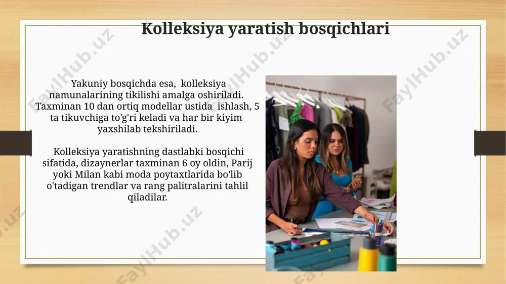 gan yves saint laurentning 500 dan ortiq noyob dizaynlari dunyo bo'ylab muzeylarda saqlanadi. pret-a-porterning paydo bo'lishi pret-a-porter kiyimlarining narxi, ishlab chiqarish hajmi va tarqatilishiga bog'liq holda, 50 dan 300 dollargacha, hatto undan yuqori bo'lishi mumkin, ayniqsa, mashhur dizaynerlarning to'plamlarida, masalan, parij yoki milan modalar haftaliklarida namoyish etilganlari. 2022 yilgi ma'lumotlarga ko'ra, dunyo bo'yicha pret-a-porter bozorining hajmi 200 milliard dollardan oshgan va bu raqam har yili o'rtacha 5-7% ga o'sib bormoqda, bu esa rivojlanayotgan bozorlar, jumladan markaziy osiyo mamlakatlarida ham sezilarli darajada o'sishni ko'rsatmoqda. davlat siyosati va qo'llab-quvvatlash ўзбекистон ҳукумати 2023 йилда енгил саноатни ривожлантириш учун 500 миллион доллардан ортиқ маблағ ажратди, бунинг 30%и pret-a-porter дизайнерларини қўллаб-қувватлашга йўналтирилган. самарқанд вилоятидаги "ипак йўли" кўргазмасида 100 дан ортиқ pret-a-porter дизайнерлари ўз коллекцияларини намойиш этиш имкониятига эга бўлди, бу уларга экспорт бозорларига чиқишга ёрдам берди. kelajakdagi istiqbollar pret-a-porter dizaynerlari uchun global onlayn savdo maydonchalarining (masalan, asos, farfetch) 2025 yilga kelib 30% ga o'sishi va …