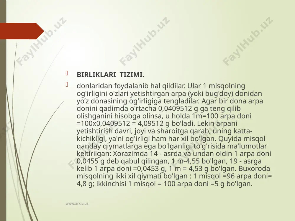 atilgan . pud esa o'z navbatida o'lchov birligi pudning yaratilishiga asos bo'lgan. bu o'lchov birligi aslida pud emas, put yozilib, keyinchalik pudga aylanib ketgan. mamlakatimizda qadimdan qo'llanilgan mann va botmon kabi og'irlik o'lchov birliklarining asosan pud bilan bog'likligi pudning xalqimiz orasida juda qadimdan qo'llanilib kelayotganligini isbotlaydi. www.arxiv.uz chaksa -og'irlik o'lchov birligi. u asosan, 1 pudning 1/3 yoki ling 1/16 bo'lagiga teng bo'lgan. turli joyda turlicha og'irlikni bildirgan. farg'onada chorak =32,761-:81,9025 kg ekanligidan, u yerda 1 chaksa = l/16 chorak = 2,0475-5,1189 kg ga teng bo'ladi. namanganda 1 chaksa 5,324 kg ga, kosonda 5,46 kg ga teng. qo'qon va sirdaryo atrofida ikki xil chaksa qo'llanilgan. ulardan birinchisida 1 chaksa = 4,60 kg yoki 1 chaksa =4,594kg bo'lsa, ikkinchisida 1 chaksa = 5,119 kg yoki 5, 105 kg ga teng. xo'jandda 1 chaksaning qiymati farg'ona chaksasining eng kichkina qiymati 2,0475 ning yarmiga teng, ya'ni 1 chaksa (xojand)=l/2 ( farg'ona ) l/2x 2,0475= …