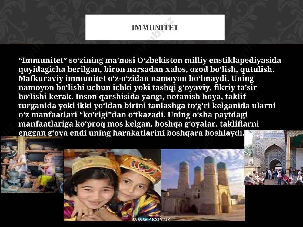 mafkuralar mafkuraviy kurashlarning ming yillik uslublarini, shuningdek, zamonaviylashtirilgan uslublari: axborot maydonini egallab olish, mafkuraviy diversiya, siyosiy indoktrinastiya, mafkuraviy infiltastiya, dezorientastiya, mafkuraviy qo‘poruvchilik harakatlarini qo‘llash orqali xalqimizda o‘zbekistonning buyuk kelajagiga ishonchsizlik uyg‘otishga, davlat siyosatini obro‘sizlantirishga, odamlarni o‘zini vatan, millat himoyasidan chetga tortishga, loqaydlikka erishishga intiladilar. www.arxiv.uz www.arxiv.uz foydalanilgan adabiyotlar. 1. karimov i. o‘zbekiston xx1 asr bo‘sag‘asida: xavfsizlikka tahdid, barqarorlik shartlari va taraqqiyot kafolatlari. t.: o‘zbekiston, 1997. 2. karimov i.a. jamiyat mafkurasi xalqni-xalq, millatni millat qilishga xizmat etsin. t.: o‘zbekiston, 1998. 3. karimov i. miliy istiqlol mafkurasi-xalq e’tiqodi va buyuk kelajakka ishonchdir: “fidokor” gazetasi muxbiri savollariga javoblar. t.: o‘zbekiston, 2000. 4. karimov i. hushyorlikka da’vat. t.8.-t.: o‘zbekiston, 2000. 5. karimov i.a. vatanimiz tinchligi va xavfsizligi o‘z kuch-qudratimizga, halqimizning hamjihatligiga va bukilmas irodasiga bog‘liq. ikkinchi chaqiriq o‘zbekiston respublikasi oliy majlisining o‘n to‘rtinchi sessiyadagi nutq. 2004 yil. 29 aprel. toshkent. «o‘zbekiston» 2004. 6. karimov i.a. qonun va adolat ustuvorligi faoliyatimiz mezoni bo‘lsin. g‘g‘ surxondaryo …