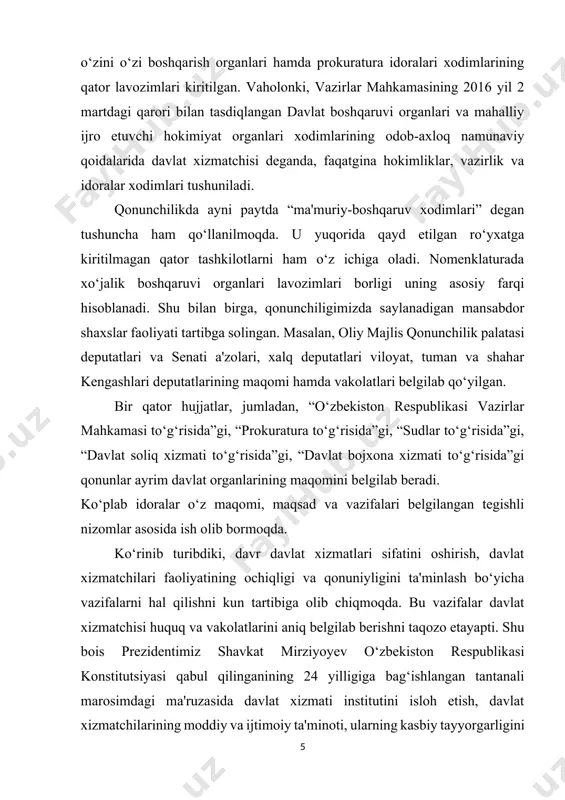 lagan edi. davlatimiz rahbari yaqin kunlarda “davlat xizmati to‘g‘risida”gi qonunni ishlab chiqish vazifasini qo‘ydi. bu vazifa 2017-2021 yillarda o‘zbekiston respublikasini rivojlantirishning beshta ustuvor yo‘nalishi bo‘yicha harakatlar strategiyasini xalq bilan muloqot va inson manfaatlari yilida amalga oshirishga oid davlat dasturida alohida bandda ko‘rsatib o‘tilgan.[footnoteref:1] [1: 1 mustaqil o‘zbekiston tarixining dastlabki saxifalari. - toshkent, 2000.y 71-b 15 azizxo‘jaev a.a. mustaqillik: kurashlar, iztiroblar, quvonchlar. - toshkent: 2001.y 57-b 16 azizxo‘jaev a.a. mustaqillik: kurashlar, iztiroblar, quvonchlar. - toshkent: 2001 y 139-b] yangi o‘zbekistonning ma’muriy islohotlari prezidentimiz sh.mirziyoyevning oliy majlis va o‘zbekiston xalqiga yo‘llagan murojaatnomasida belgilangan vazifalar ijrosi yo‘lidagi dadil qadam va ilk natijalardir. bu davlatimiz rahbari tomonidan imzolangan tarixiy hujjatlar “yangi o‘zbekiston ma’muriy islohotlarini amalga oshirish chora-tadbirlari to‘g‘risida”gi farmon va mazkur farmon ijrosini samarali tashkil etish bo‘yicha qabul qilingan “yangi o‘zbekiston ma’muriy islohotlari doirasida respublika ijro etuvchi hokimiyat organlari faoliyatini samarali tashkil etish chora-tadbirlari to‘g‘risida”gi qarorda aks etdi. mazkur hujjatlarga asosan davlat boshqaruv tizimi …