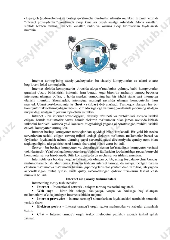 oyda tarmoq abonentlar mikdori 7-10% ortib bormoqda. internet dagi kompyuterlar aksariyati aqsh da joylashgan. 90- yillar internet da xizmat tarmoqlari tashkil qilingan davr bo`ldi. 1990 yili bill xilan, elan emtidj va piter deych archie programmasini ishlab chiqishdi. 1991 yili bryuster kaale wais programmasini tuzdi, minnesota universitetida pol lindner va mark mak-kayl tomonidan gopher programmasi tuzildi. 1992 yilda nevada shtati universitetida yaratilgan veronica sistemasi ishga tushirildi va shu sababli tarmoqdagi kompyuterlar soni milliondan oshib ketadi. ammo internet ning 90-yillardagi rivojlanishiga asosiy sabab world wide web (butun dunyo tarmog`i) ning tuzilishi bo`ldi. uni birinchi nusxasini 1990 yilining noyabrida cern (evropa atomni tekshirish markazi) xodimi tim berns-li yaratdi, lekin 1992 yilgachi ishga tushirilmadi. 1993 yilda ncsa (national center for supercomputer applications, superkompyuterli hisoblash milliy markazi) tomonidan mosaic programmasi ishlab chiqarildi va shu yil oxiriga 200 ta www server ishga tushirilib www bo`yicha axborot oqimi 1% ni tashkil qilgan. internet va www bir xil …