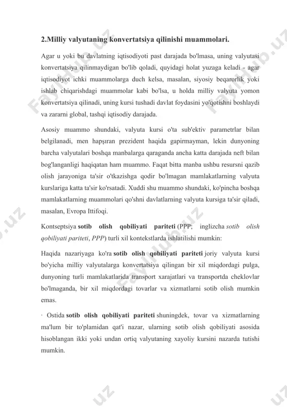 tan kursi bir dollar uchun 15 rublni tashkil qilishi kerak agar valyuta kursi bir dollar uchun 25 rublni tashkil etsa, u holda rossiyada tovarlarni sotib olish (30 rublga), aqshda sotish (2 dollarga) va hozirgi kurs bo'yicha 2 dollarni 50 rublga almashtirish, har bir bitim bo'yicha siz 20 rubl daromad olishingiz mumkin tovarlar birligi. shunga ko'ra, qo'shma shtatlarda tovarlarning narxi pasayadi, rossiyada tovarlarning narxi ko'tariladi va dollar / rubl kursi pasayadi. natijada narxlar va valyuta kurslarining yangi darajasida muvozanatga erishiladi (masalan, mahsulot aqshda 1,7 dollar, rossiyada 34 rubl, dollar kursi 1 dollar uchun 20 rubl). xarid qilish qobiliyati pariteti modelining ishlashi faqat tovarlar va pullarning erkin harakatlanishi sharoitida mumkin bo'lganligi sababli amalda valyuta kurslari paritetdan sezilarli darajada chetga chiqishi mumkin (bojxona to'lovlari, eksport va import cheklovlari, transport xarajatlari qancha ko'p bo'lsa, nominal kurs va paritet qiymat o'rtasidagi kelishmovchilik shunchalik katta bo'ladi). shuning uchun eksport va import hajmi va tarkibidagi o'zgarish iqtisodiy …