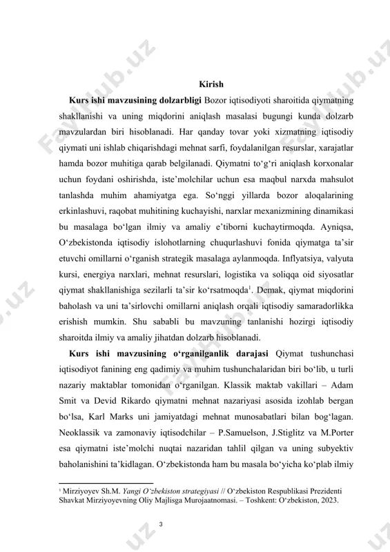 ing o‘rganilishi hali ham nihoyasiga yetmagan va tadqiqotlar uchun ochiq qolmoqda. kurs ishi mavzusining nazariy va amaliy ahamiyati qiymat va uning shakllanishi masalasini o‘rganish iqtisodiyot fanining nazariy poydevorini tashkil etadi. mazkur kurs ishining nazariy ahamiyati shundan iboratki, u iqtisodiy kategoriya sifatida qiymatning mohiyatini, tarixiy rivojlanishini va shakllanish mexanizmlarini chuqur tahlil qilish imkonini beradi. bu orqali talab va taklif, xarajatlar, resurslar taqsimoti kabi iqtisodiy kategoriyalar o‘zaro qanday bog‘liqlikda ekanini anglash mumkin bo‘ladi. shuningdek, qiymat nazariyasining turli yondashuvlari – mehnat nazariyasi, subyektiv qiymat nazariyasi, chegaraviy foyda nazariyasi va zamonaviy tahlil uslublari o‘rganiladi. bu esa talaba va tadqiqotchilarning iqtisodiy tafakkurini rivojlantiradi. amaliy ahamiyati esa shundaki, ushbu mavzu asosida olinadigan xulosalar korxona darajasida mahsulot narxini shakllantirish, xarajatlarni tahlil qilish, bozor strategiyasini belgilash va foydani ko‘paytirishda qo‘l keladi. ayniqsa, o‘zbekiston sharoitida ishlab chiqaruvchilarning xarajatlar tuzilmasini chuqur tushunishi va qiymatga ta’sir etuvchi ichki va tashqi omillarni hisobga olishi – raqobatbardoshlikni oshirishda muhim omildir. bundan tashqari, davlat …