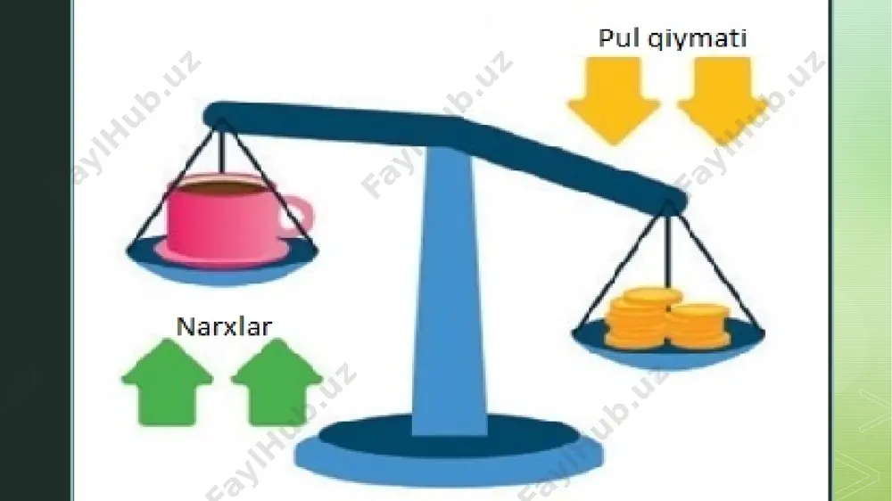 ng mustahkamlanishiga yordam beradi. inflyatsiyaga qarshi asosiy chora-tadbirlar quyidagilardan iborat: z - tushuntirish siyosati, uning maqsadi davlat moliyasi va uning siyosiy faoliyati bo'yicha jamiyat bilan eng ishonchli munosabatlarni o'rnatishdir. bu siyosat ommaviy axborot vositalari orqali amalga oshiriladi; - barqarorlashtirish fondini tashkil etish, uning maqsadi intervensiyalar yo‘li bilan milliy valyutani qo‘llab-quvvatlash, shuningdek, iqtisodiyotdagi tsiklik jarimani minimallashtirish; - barqaror valyuta kursini shakllantirish, shuningdek, valyuta va tashqi iqtisodiy siyosatga muayyan cheklovlarni joriy etish; - milliy valyutaning pozitsiyasini mustahkamlash uchun eksportni oshirish va importni kamaytirish. z e’tiboringiz uchun rahmat z image4.jpeg image5.jpeg image2.png image3.png