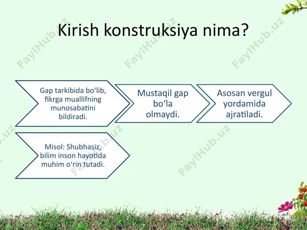 gaplarni kiritma konstruksiya bilan to‘ldiring: 1. toshkent ..., yirik sanoat markazidir. 2. bobom ..., biz uchun ibratdir. 3. kitob ..., o‘quvchilar uchun foydali bo‘ldi. qo‘shimcha eslatma - kirish konstruksiya odatda gap boshida keladi. - kiritma konstruksiya esa gap o‘rtasida yoki oxirida qo‘shilishi mumkin. - ikkalasi ham nutqni boyitadi. xulosa - kirish konstruksiyalar – muallifning munosabatini bildiradi. - kiritma konstruksiyalar – izoh va qo‘shimcha ma’lumot beradi. - ularning o‘rni nutqni boyitishda juda muhim. image1.png /docprops/thumbnail.jpeg