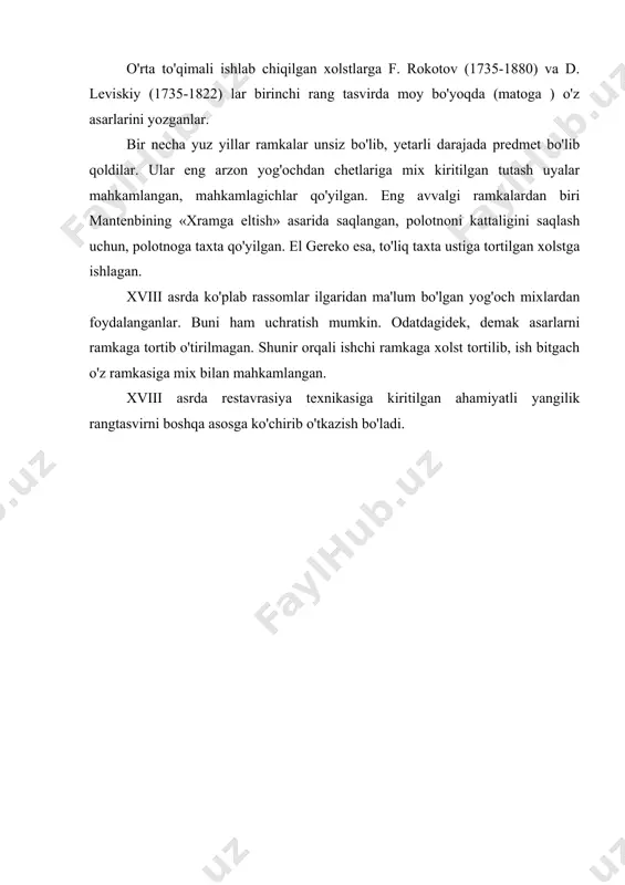 lib, yetarli darajada predmet bo'lib qoldilar. ular eng arzon yog'ochdan chetlariga mix kiritilgan tutash uyalar mahkamlangan, mahkamlagichlar qo'yilgan. eng avvalgi ramkalardan biri mantenbining «xramga eltish» asarida saqlangan, polotnoni kattaligini saqlash uchun, polotnoga taxta qo'yilgan. el gereko esa, to'liq taxta ustiga tortilgan xolstga ishlagan. xviii asrda ko'plab rassomlar ilgaridan ma'lum bo'lgan yog'och mixlardan foydalanganlar. buni ham uchratish mumkin. odatdagidek, demak asarlarni ramkaga tortib o'tirilmagan. shunir orqali ishchi ramkaga xolst tortilib, ish bitgach o'z ramkasiga mix bilan mahkamlangan. xviii asrda restavrasiya texnikasiga kiritilgan ahamiyatli yangilik rangtasvirni boshqa asosga ko'chirib o'tkazish bo'ladi. a d a b i yo t l a r. 1. i.a.karimov. o'zbekiston buyuk kelajak sari. t. 1998 yil 2. i.a.karimov. barkamol avlod orzusi. t. 1999 yil. 3..azimova. b. natyurmort tuzish metodikasi.t. 1984 yil. 4. apuxtin o. tasviriy san'at asoslari. t. 1978 yil. 5.amanullayev. a. xomaki tasvirlar. nam. 1992 yil. 6.bulatov s. s. ashirova m.o. amaliy san'at qisqacha lug'ati. t., qobuslar …