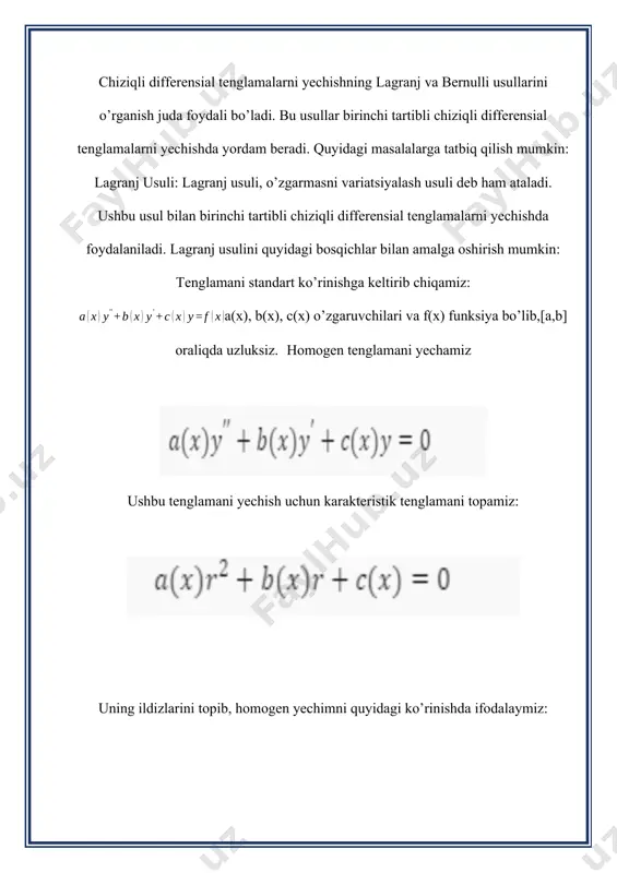 cha yechimlari ikkita kvadratura yordamida topiladi. isbot. faraz qilaylik, funksiya differensial tenglamaning xususiy yechimi bo’lsin. u holdaalmashtirish natijasida tenglama ushbu ko’rinishni oladi. teorema shartiga ko’ra o’rinli. bundan foydalanib tenglamani ko’rinishda yozish mumkin. bu esa bernulli differensial tenglamasidir, uning yechimi ikkita kvadratura yordamida topiladi. chunki tenglama almashtirish yordamida chiziqli differensial tenglamaga keladi. shunday qilib almashtirish natijasidan rikkati differensial tenglamasi chiziqli differensial tenglamaga keltirilar ekan. teorema isbotlandi. teorema-2. agar rikkati tenglamasining ikkita xususiy yechimi ma’lum bo’lsa, u holda uning umumiy yechimi bitta kvadratura yordamida topiladi. isbot. aytaylik va funksiyalar differensial tenglamaning xusuiy yechimlari bo’lsin. u holda differensial tenglamani almashtirish yordamida chiziqli differensial tenglamaga keltiramiz. munosabatga asosan tenglamaning bitta xususiy yechimi bo’ladi. bu holda tenglamaning yechimi bitta kvadratura yordamida topiladi. teorema isbot bo’ldi. birinchi tartibli differensial tenglamalar, o’zgaruvchilari ajralgan va unga keltiriladigan tenglamalardir. bu tenglamalar o’zgaruvchilarning funksiyalarini va hosilalarini bog’laydi. koshi masalasi esa birinchi tartibli differensial tenglamalarning hosilaga nisbatan yechilmagan variantini ko’rsatadi. bu …