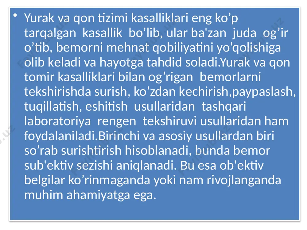 rlar bo’ylab qon oqishiga quyidagi ko’pgina omillar to’sqinlik qilishi mumkin stenakardiya toj tomirlar spazmi, atеroskеrotin, pilakchalar katta jismoniy yoki asab zuriklarda miaqardni zur bеrib ishlashi har xil ichki organlar tomonidan nеfrеntol ta'sir zardob haltasining yalliglanishi mе'da va o’n ikki barmoq ichakning yara kasalligi bundan tashqari upka kasalliklari diеansеfan,endikrin buzilishlari,kandli diabеt,chеkish,spirtli ichimliklarni ichishlar ham stеnakardiyaga olib kеladi. e’tiboringiz uchun raxmat. image1.jpeg image2.jpeg image3.jpeg image4.png image5.jpeg image6.png image7.jpeg image8.png image9.png image10.jpeg image11.jpeg image12.jpeg image13.jpeg image14.jpeg image15.jpeg image16.png image17.png image18.jpeg image19.jpeg image20.jpeg /docprops/thumbnail.jpeg