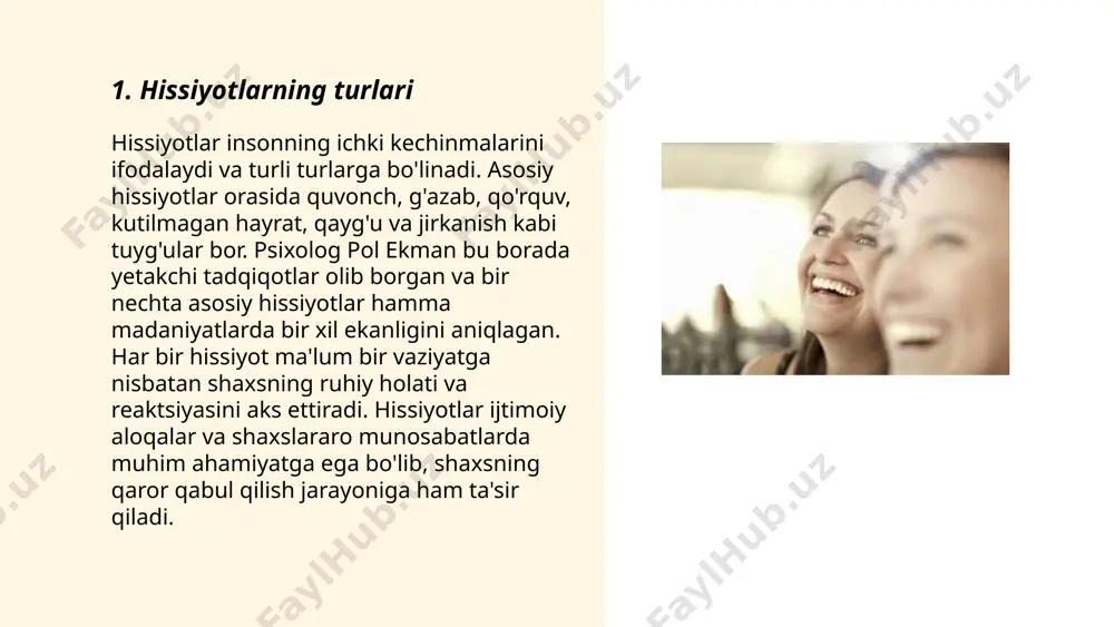hissiyotlar miyaning amigdala va prefrontal korteks qismlarida shakllanadi. doimiy ravishda hissiy holatlarni boshdan kechirish inson hayotiga ta'sir ko‘rsatadi. murakkab tuyg‘ular, masalan, muhabbat, do‘stlik va qo‘rquv, ijtimoiy munosabatlarni mustahkamlash yoki ziddiyatlar yuzaga kelishiga olib kelishi mumkin. 2022-yilgi ma'lumotlarga ko‘ra, 70% odamlar o‘z hissiyotlarini boshqara olishni muhim deb hisoblaydi. shuningdek, turmush o‘rtoqlar va do‘stlar o‘rtasida mustahkam aloqa o‘rnatilishida ham hissiyotlar asosiy rol o‘ynaydi. ... t.me/slaydai_bot 7. hissiyotlar va ijtimoiy muloqot hissiyotlar va ijtimoiy muloqot insonlar o'rtasida muhim rol o'ynaydi. tadqiqotlar shuni ko'rsatadiki, hissiyotlar ijtimoiy muloqotning 93% ni tashkil etadi va faqat 7% so'zlar orqali ifodalanadi. kuvin va coles (2020) ta'kidlashicha, yuz ifodalari 55%, tovush ohangi 38% va so'zlar 7% hissiyotlarni yetkazishda ishtirok etadi. ijtimoiy muloqotda empatikaning roli kattadir; bu boshqa insonlar bilan tuyg'ularni bo‘lishishda muhimdir. shuningdek, hissiyotlarni tushunish ijtimoiy muloqotni yaxshilashga yordam beradi, chunki turli tuyg'ularni anglash va ularga munosabat bildirish ijtimoiy aloqalarni mustahkamlashda muhim ahamiyatga ega. ... t.me/slaydai_bot hissiyotlarning madaniy ta'siri …