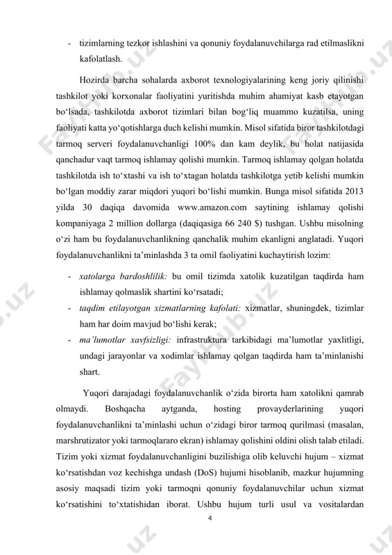 u esa o‘ta qimmat resursni yo‘qotishdir. agarda u korxona uchun muhim axborot bo‘lsa bu foydalanuvchanlikni tushurib yuboradi. shuning uchun istalgan turdagi axborotlardan foydalanayotgan paytda uni zahiralab ya’ni nusxalab yurish muhim xisoblanadi. ma’lumotlarni zaxira nusxalash – muhim ma’lumotlarni nusxalash yoki saqlash jarayoni bo‘lib, ma’lumot yo‘qolgan vaqtda qayta tiklash imkoniyatini beradi. ma’lumotlarni zaxira nusxalashdan asosiy maqsad quyidagilar: · zarar yetkazilganidan so‘ng tizimni normal ish holatiga qaytarish; · tizimda saqlanuvchi muhim ma’lumotlarni yo‘qolganidan so‘ng uni qayta tiklash. tashkilotlarda ma’lumotlar yo‘qolishi moliyaviy tomondan va mijozlarga aloqador holda ta’sir qilishi bilan xarakterlansa, shaxsiy kompyuterda esa shaxsiy fayllarni, rasmlarni va boshqa qimmatli ma’lumotlarni yo‘qolishiga sababchi bo‘ladi. ma’lumotlarni yo‘qolishiga quyidagilar sababchi bo‘lishi mumkin: · inson xatosi: qasddan yoki tasodifan ma’lumotlarning o‘chirib yuborilishi, ma’lumotlarni saqlash vositasini to‘g‘ri joylashtirilmaganligi yoki ma’lumotlar bazasini xatolik bilan boshqarilganligi. · g‘arazli hatti-harakatlar: tashkilotdagi muhim ma’lumotlarning modifikatsiyalanishi yoki o‘g‘irlanishi. · tabiiy sabablar: energiyaning o‘chishi, dasturiy ta’minotning tasodifiy o‘zgarishi yoki qurilmaning zararlanishi. · tabiy ofatlar: …