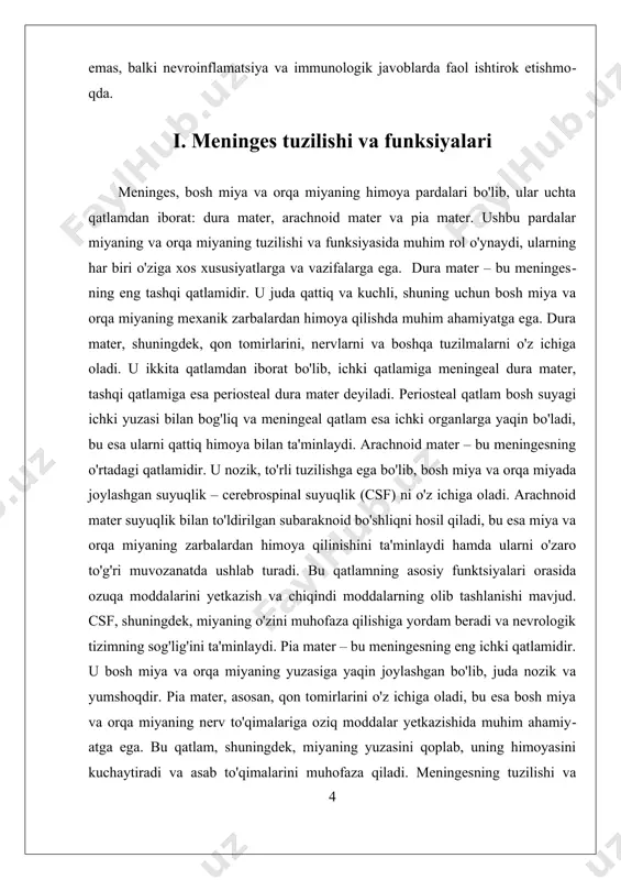 gil kechadi, ko'plab hollarda bemorlar o'z-o'zidan tuzaladi. ko'pincha, ushbu kasallikni enteroviruslar, ja'ni, tog'li, jigar yoki boshqa viruslar keltirib chiqaradi. viral meningit belgilari bakterial meningitga qaraganda kamroq jiddiy, lekin shunga qaramay, sog'liqni saqlash muammolarini keltirib chiqarishi mumkin. qo'ziqorin meningiti, odatda, immun tizimi zaiflashgan bemorlarda uchraydi va cryptococcus neoformans kabi qo'ziqorinlar tomonidan keltiriladi. bu kasallik ham meningitga olib kelishi mumkin, ammo u ko'proq immunitetni zaiflashtiradigan holatlar, masalan, oits kabi kasalliklar bilan bog'liq holda yuzaga keladi. meningitga qo'shimcha ravishda, meningesning yallig‘lanishi boshqa nevrologik kasalliklar bilan ham bog'liq bo'lishi mumkin. masalan, meningeal yallig‘lanish, nevritlar, yoki boshqa yallig‘lanish jarayonlari bilan bog'liq bo'lgan kasalliklar, bosh og'rig'i va boshqa nevrologik belgilarni keltirib chiqarishi mumkin. meningesning holati, shuningdek, turli xil nevrologik kasalliklar, masalan, altsgeymer kasalligi yoki ko'payuvchi skleroz kabi kasalliklar bilan bog'liq bo'lishi mumkin. bu holatlar meningesning yallig‘lanishi va ularning funksiyalaridagi o'zgarishlar tufayli yuzaga kelishi mumkin. meninges va ularning kasalliklar bilan bog'liq bo'lgan aloqalari haqidagi bilimlarimizni kengaytirish, zamonaviy …