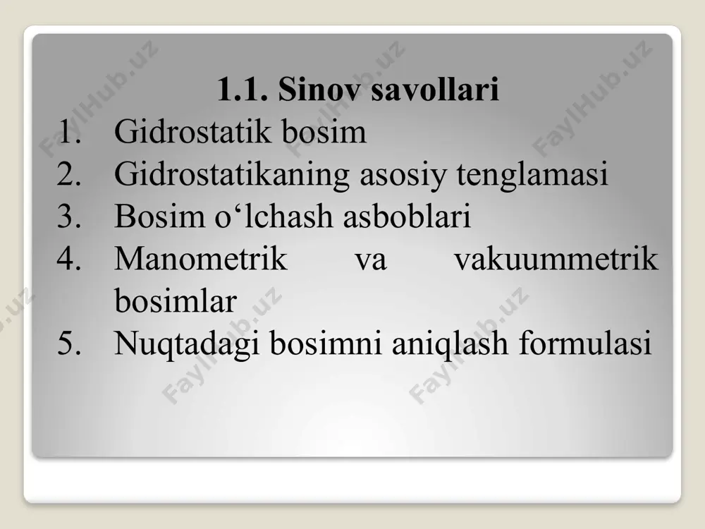 i kuchlarning suyuqlik sirtiga bergan bosim taʼsiri suyuqlik ichida barcha yoʻnalishlar boʻyicha bir xil uzatiladi, yaʼni tashqi kuchlarning suyuqlik sirtiga bosimi uning har bir nuq-tasiga oʻzgarishsiz tarqaladi. bu qonunni 1653-yilda b.paskal aniqlagan (1663-yilda eʼlon qilgan). paskal qonunidan texnikada (xususan, gidravlik pressda) keng foydalaniladi. suyuqlikli bosim o‘lchash asboblari bu asboblarning ishlash prinsipi o‘lchanayotgan bosimning suyuqlik ustunining gidrostatik bosimi bilan muvozanatlashishiga asoslangan. asboblar turli idish suyuqliklari, ko‘pincha simob, transformator moyi, suv va spirt bilan to‘ldiriladi. asboblarda tutash idishlar prinsipi qo‘llaniladi. ularda ish suyuqligi sathlari ular ustidagi bosim teng bo‘lganda mos tushadi, bosim teng bo‘lmaganda esa, suyuqlik sathi shunday holatni egallaydiki, bir idishdagi ortiqcha bosim boshqa idishdagi suyuqlikning ortiqcha ustunining gidrostatik bosi­mi bilan muvozanatlashtiriladi. ko‘pgina suyuqlikli manometrlar ish suyuqligining ko‘rinadigan sathiga ega. o‘sha sath bo‘yicha ko‘rsatishlarni bevosita yozib olish mumkin. shunday suyuqlikli asboblar gruppasi borki, ularda ish suyuqligining sathi bevosita ko‘rinib turmaydi. sathning o‘zgarishi po‘kakning siljishiga olib keladi yoki boshqa qurilma xarakteristikalarining o‘zgarishiga …
