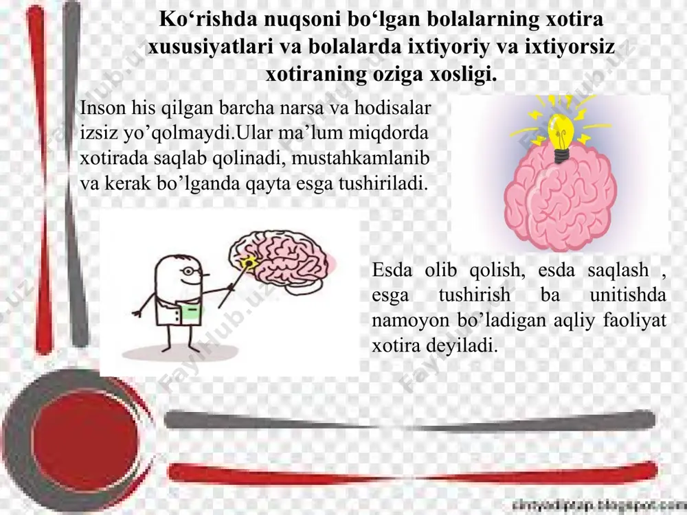 jarayonlariga birmuncha ijobiy ta’sir etar ekan. ko'rlar tomonidan narsalarni bilish normal bolalarga qaraganda birmuncha sekin, hamda to'ia bo'lmaydi. bu toifa bolalarga xos narsalardan yana bir tomoni, ular narsalarni o'ziga xos xususiyatlar bilan bilib olar ekanlar. bu bolalar egallangan materiallarning bir qisminigina esga tushira olar ekanlar. bu bolalar oliy asab tizimlarida tormozlanish jarayonlarining ustunligi oqibatida ham, egallangan bilimlarini qayta esga tushirishda ma’lum qiyinchiliklar sezar ekanlar. ko‘r bolalar xotirasining holati berilayotgan materiallarning sifat va mazmuniga ham bog'liqdir. ko'r va zaif ko'ruvchi shaxslarda xotiraning barcha turlari (so'z-mantiq obrazli, hissiy) va harakatni maxsus ta’lim-tarbiya orqali shakllantirish, rivojlantirish mumkin. llgari idrok qilingan narsa va hodisalarni ongimizda qayta gavdalanishini tasavvur qilamiz. xotira ilgari idrok qilingan, ammo hozir ko'z o'ngimizda mavjud bo'lmagan narsalarning obrazlarini ko'z o'ngimizda maqsad qilib qo'yamiz. masalan: ertaklar, romanlar,umuman biror asarni o'qiyotganimizda undagi qahramonlarning ko'z o'ngimizda gavdalanishi xayoliy tasavvurdir. ko‘rishda nuqsoni bo‘lgan bolalarda xotirani korreksiyalash yo‘llari va imkoniyatlari. musiqa eshitib turasizmi? «ha!» deyapsiz-u, foydasiga …