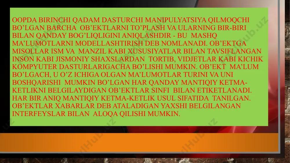 rfeys orqali o’tishi mumkin ob’ektga yo’naltirilgan dasturlash modeli ishlab chiquvchilar tomonidan bir nechta sabablarga ko’ra tanqid qilingan. eng katta muommo shundaki, oop dasturiy ta’minotni ishlab chiqishning ma’lumotlar komponentiga ortiqcha urg’u beradi va hisoblash yoki algoritmlarga etarlicha e’tibor bermaydi. bundan tashqari, oop kodini yozish ancha murakkab va kompilyatsiya qilish ko’proq vaqt talab qilishi mumkin. oopning muqobil usullari quyidagilardan iborat: 1. funksional dasturlash. bunga telekommunikatsiya va nosozliklarga chidamli tizimlar uchun ishlatiladigan erlang va scala kabi tillar kiradi. 2. strukturaviy yoki modulli dasturlash. bunga php va c# kabi tillar kiradi. 3. imperativ dasturlash. oop ga alternativa modellarga emas, balki funksiyaga e’tibor qaratadi va c++ va java-ni o’z ichiga oladi. 4. deklarativ dasturlash. ushbu dasturlash usuli vazifa yoki istalgan natija nima ekanligi haqidagi bayonotlarni o’z ichiga oladi, lekin unga qanday erishish mumkin emas. tillarga prolog va lisp kiradi. 5. mantiqiy dasturlash. ko’pincha rasmiy mantiqqa asoslangan va prolog kabi tillardan foydalanadigan bu usul muammoli sohaga …