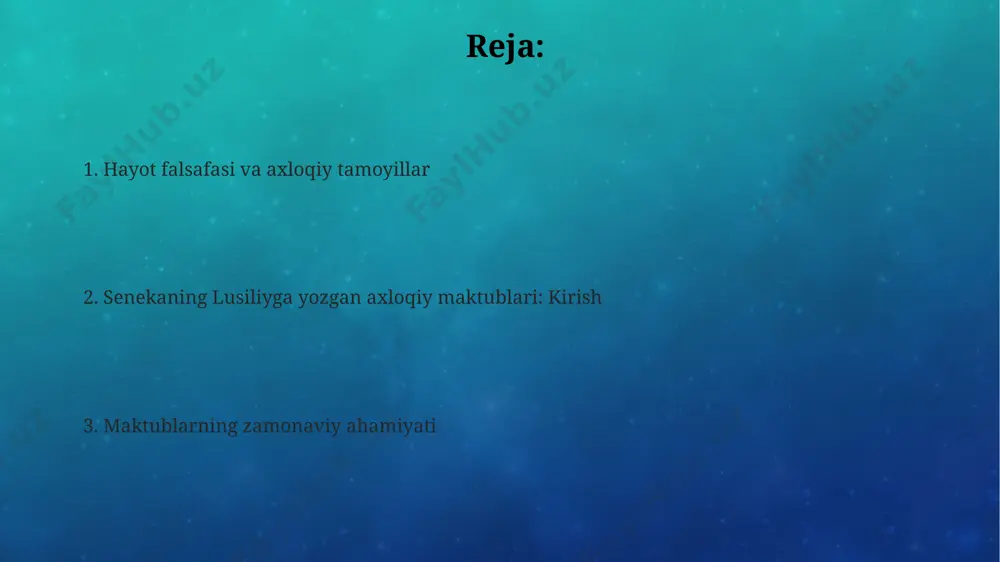 lda yozilgan maktublarda, senekaning o'limdan keyingi hayot haqidagi fikrlari aniq ifodalanmagan, lekin u inson qisqa umrini ma'noli o'tkazishga, donoliq va fazilatlarga e'tibor qaratishga undaydi. ma'naviy tarbiya masalalari seneka maktublarida boylikka, shuhratparastlikka va boshqa tashqi omillarga bog'liqlikdan voz kechishni, ichki tinchlik va baxtiyorlikka erishish yo'lini, ya'ni ichki ma'naviy boylikni 21-asrga qadar o'z ahamiyatini saqlab qolgan. lusiliyga yozilgan maktublar, ma'naviy tarbiya masalalari bo'yicha falsafiy fikrlarni, stoik falsafa tamoyillarini va amaliy hayotdagi masalalarga 3 asr davomida ta'sir ko'rsatgan amaliy yondashuvni o'z ichiga oladi. seneka o'zining lusiliyga yozgan 124 ta maktubida, rim imperiyasi davrida, 65 yilda, shaxsiy va ijtimoiy fazilatlarni, jumladan, adolat, o'z-o'zini boshqarish va sabr-toqatni rivojlantirishga urg'u bergan. baxt va farovonlik haqida lusiliyga yozilgan maktublarda, seneca 3 ta muhim narsani – sog'liq, do'stlik va vijdon pokligini boylikdan ustun qo'yadi va bu qadriyatlarning rim jamiyatidagi ahamiyatini ta'kidlaydi. senekaning lusiliyga yozgan 88 ta maktubida boylik va farovonlikka erishishning 2 ta asosiy yo'li – ichki xotirjamlik …