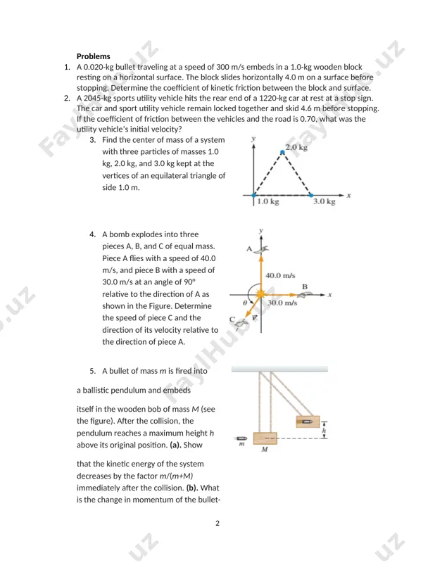e of side 1.0 m. 4. a bomb explodes into three pieces a, b, and c of equal mass. piece a flies with a speed of 40.0 m/s, and piece b with a speed of 30.0 m/s at an angle of 90° relative to the direction of a as shown in the figure. determine the speed of piece c and the direction of its velocity relative to the direction of piece a. 5. a bullet of mass m is fired into a ballistic pendulum and embeds itself in the wooden bob of mass m (see the figure). after the collision, the pendulum reaches a maximum height h above its original position. (a). show that the kinetic energy of the system decreases by the factor m/(m+m) immediately after the collision. (b). what is the change in momentum of the bullet-bob system due to the collision? 6. one thermometer is calibrated in …