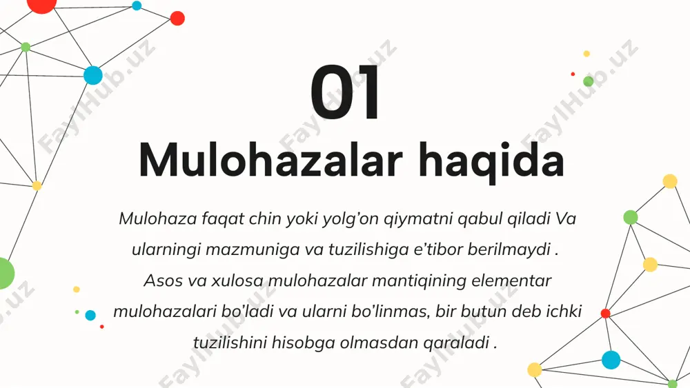langan a(x) va b(x) predikatlar berilgan bo’lsin f(x1,x2,…,xn) formula bo’la oladi , x1,x2,…,xn lar o’zgaruvchi yoki o’zgarmas bo’lsa . va ular kvantorlar bilan bog’lanmagan bo’lishi kerak. shunda elementar formula bo’ladi . a va в shunday formulalarki, birorta predmet о ‘zgaruvchi birida erkin va ikkinchisida bog'langan o'zgaruvchi bo'lmasa, avb, ab, ab, ab formula bo’ladi . predikatlar mantiqining formulasi va qiiymati har qanday o’zgaruvchi yoki o’zgarmas elementar mulohaza formula bo’ladi . ham formula bo’ladi va a formuladan ga o’tganda o’zgaruchilarning xarakteri o’zgarmaydi . a(x) formula ifodasiga x predmet o’zgaruvchi erkin holda kirsa va mulohazalar formula bo’ladi va x ularga bog’langan holda kiradi . bulardan tashqari har qanday mulohaza formula bo’la olmaydi . predikatlar mantiqining teng kuchli formulalari ≡ ≡ ≡ ≠ vb(x)) v b(y)) ≡ b(x)) ≠ b(x)) b(y)) ≡ b(x)) x(c v b(х)) ≡ с v xb(x) x(c b(х)) ≡ с xb(x) x(c b(х)) ≡ с xb(x) x(cb(х)) ≡ (сxb(x))(b(x)c) x(c …